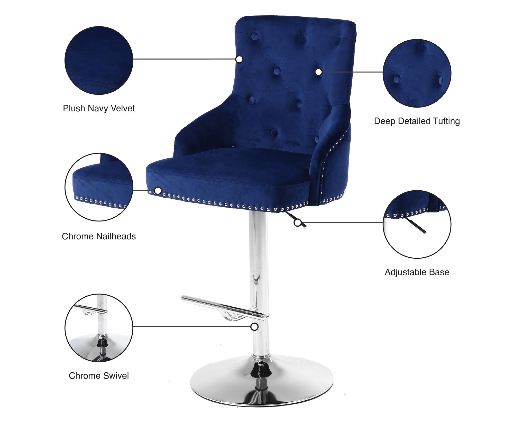 Claude Velvet Adjustable Stool with Chrome Base