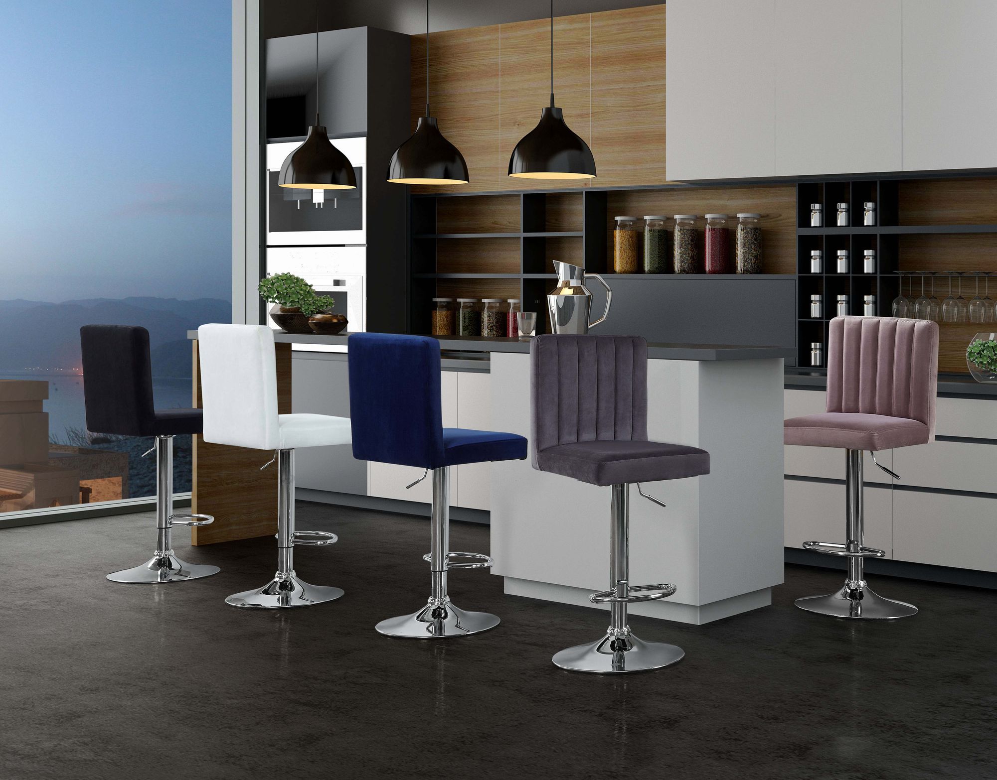 Joel Velvet Adjustable Stool with Chrome Base