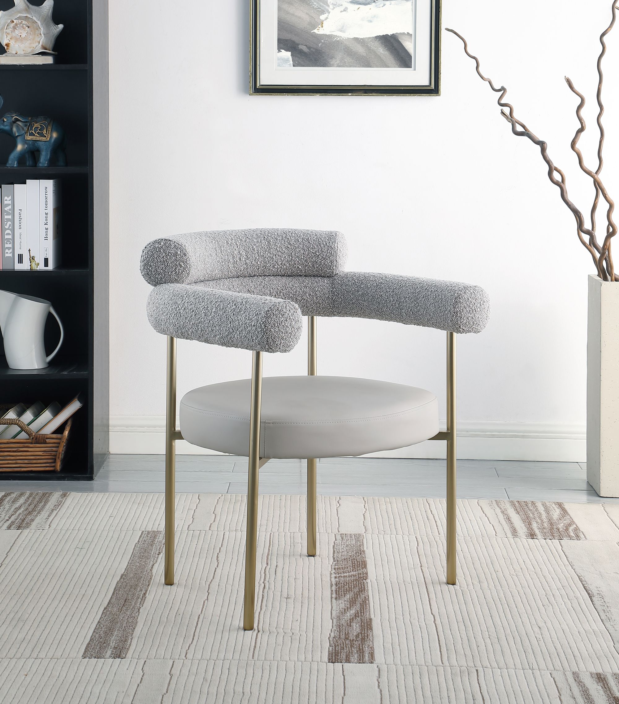 Blake Boucle Fabric & Faux Leather Dining Chair with Brushed Brass Base