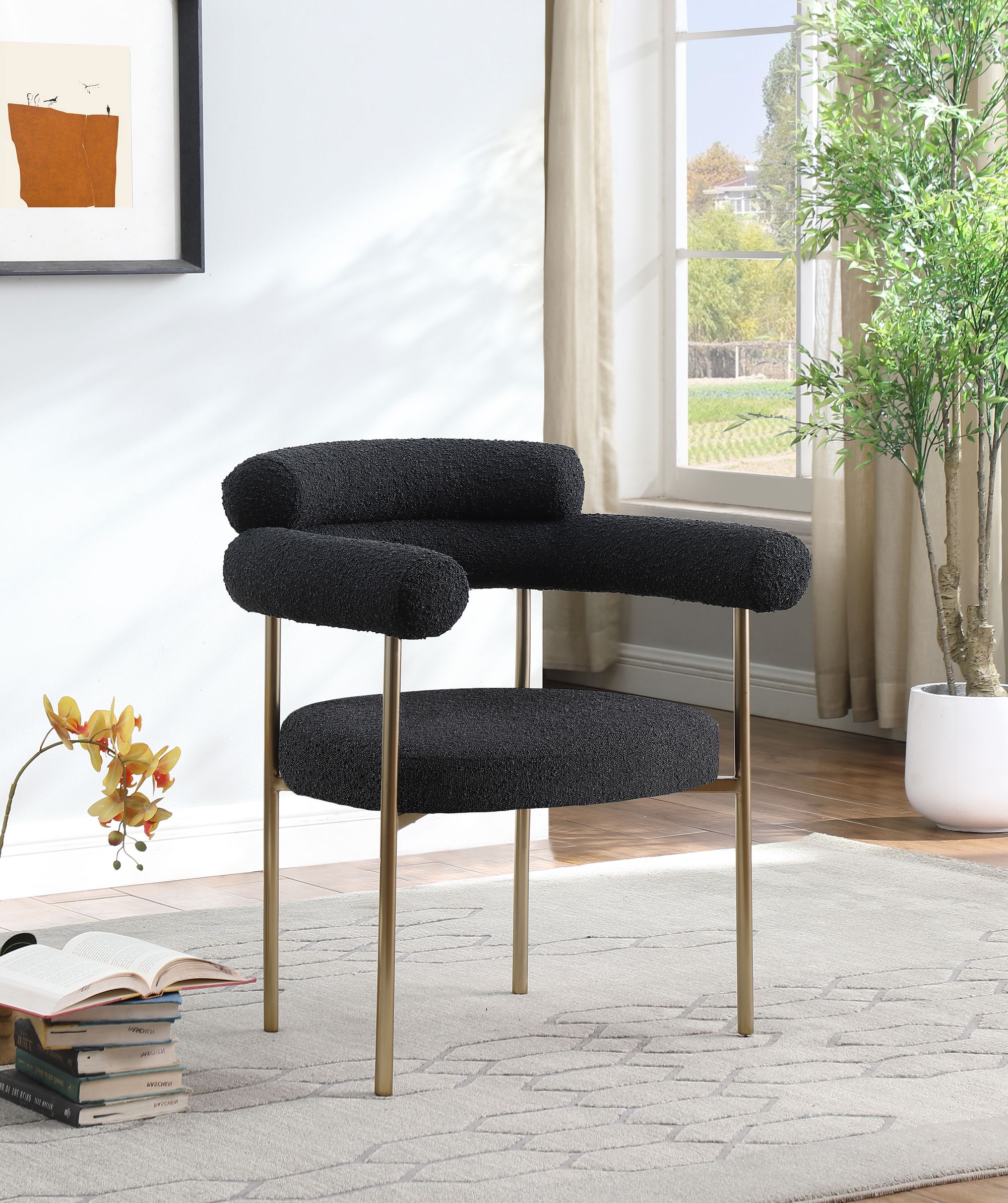 Blake Boucle Fabric Dining Chair with Brushed Brass Base