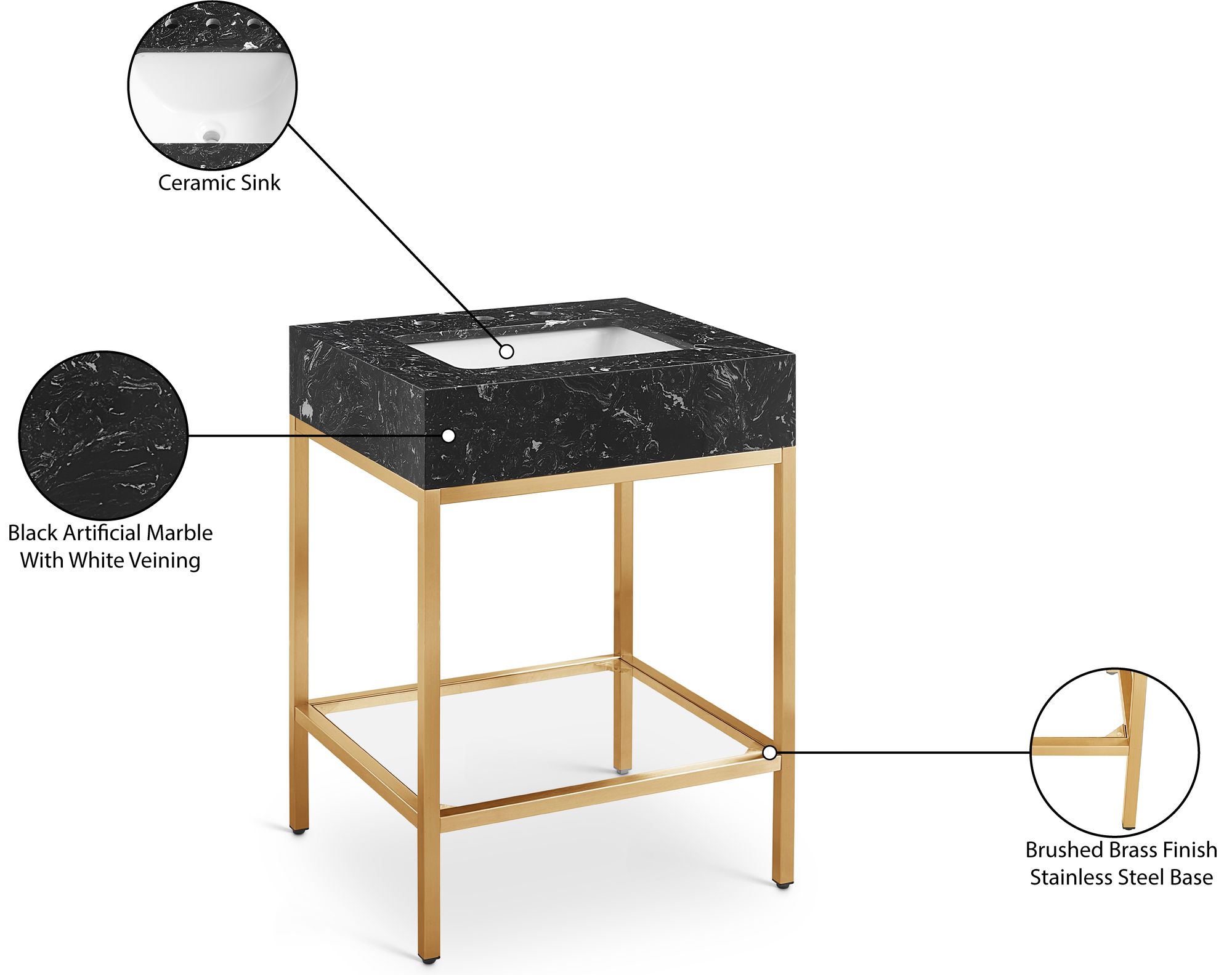 Marmo 24" Marble Single Bathroom Vanity with Brushed Brass Base & Ceramic Sink