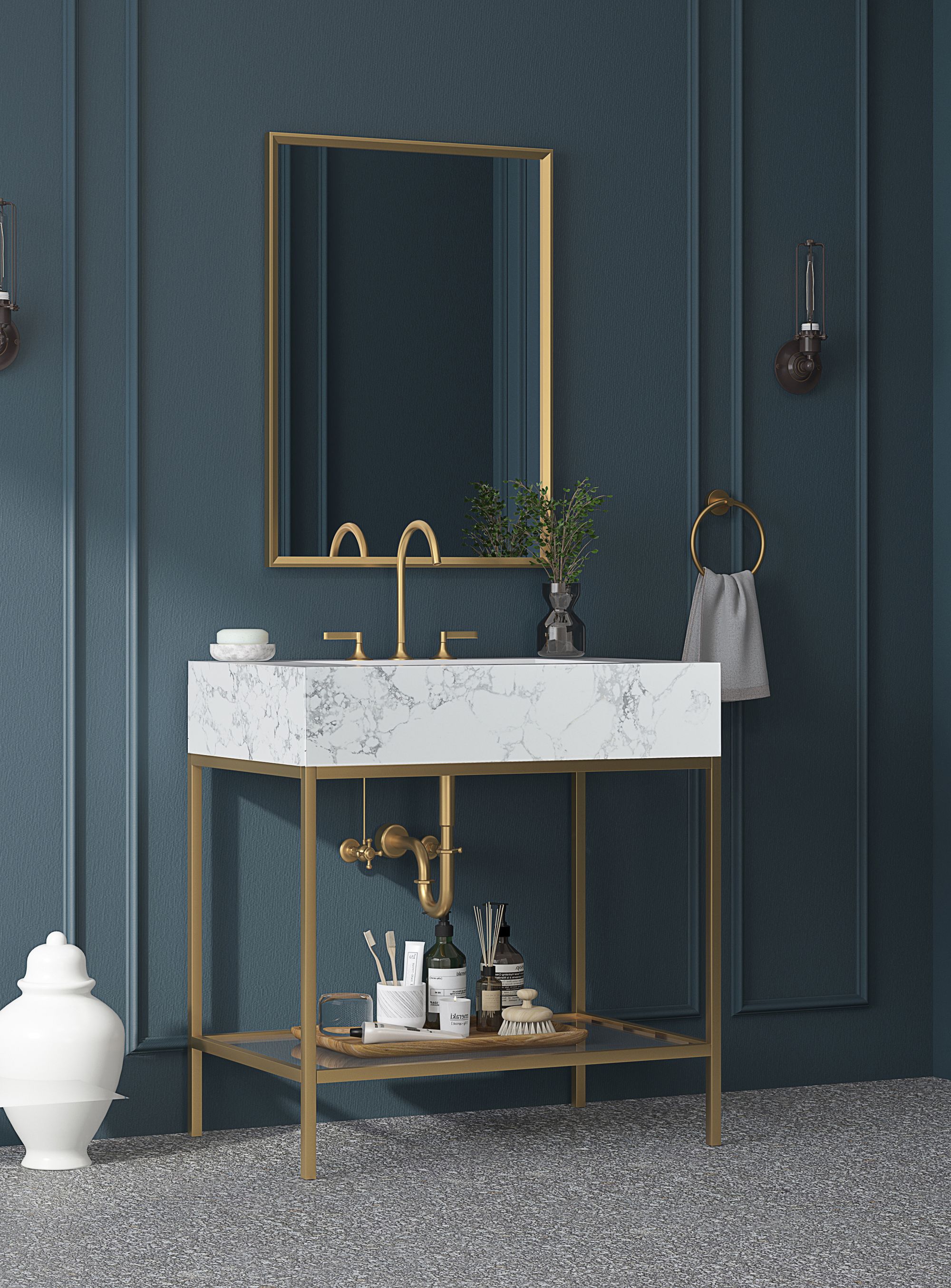 Marmo 30" Marble Single Bathroom Vanity with Brushed Brass Base & Ceramic Sink