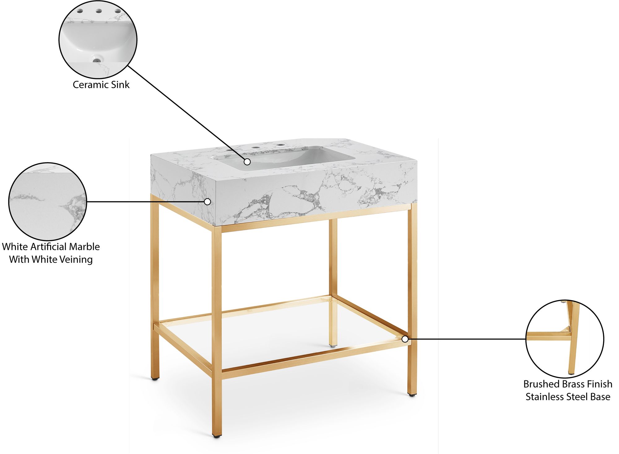 Marmo 30" Marble Single Bathroom Vanity with Brushed Brass Base & Ceramic Sink