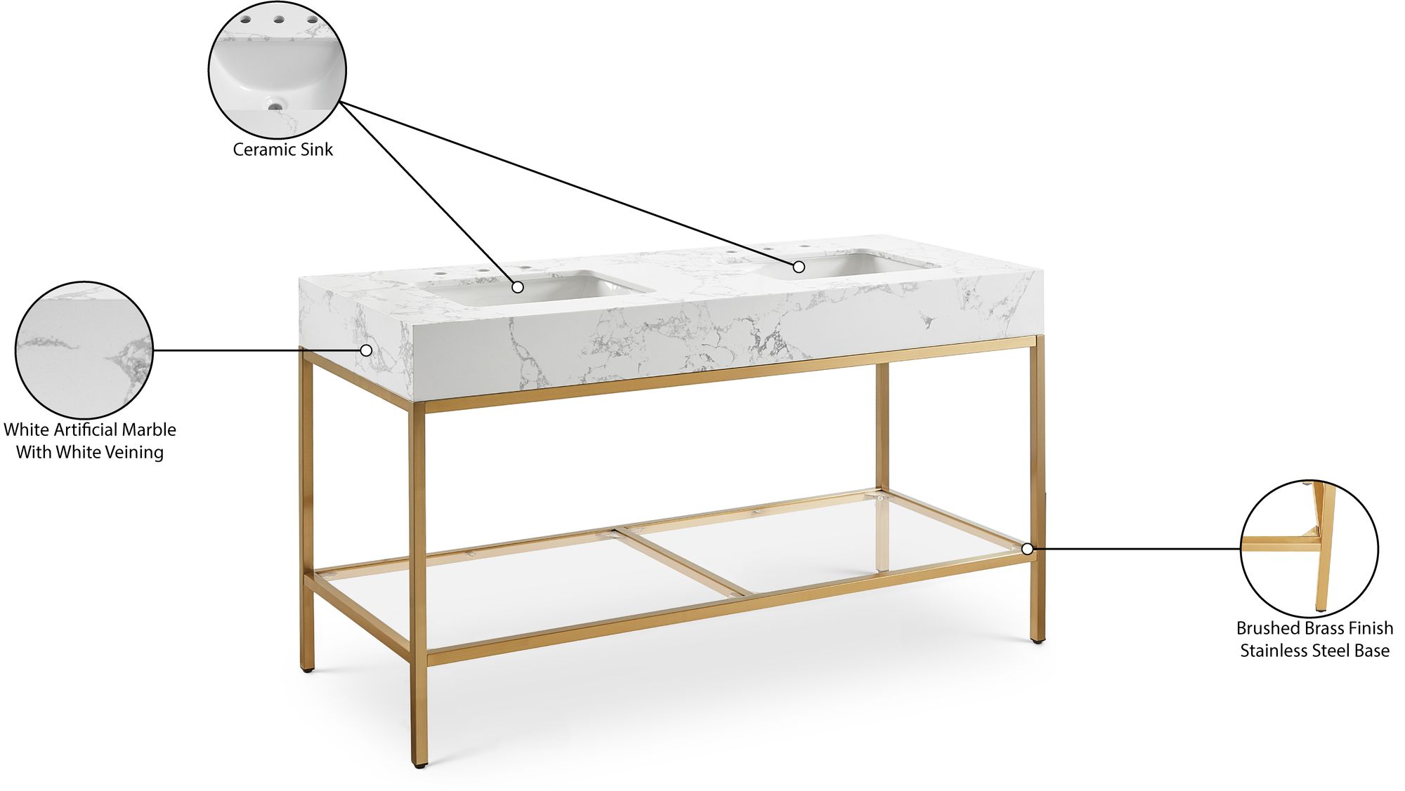 Marmo 60" Marble Double Bathroom Vanity with Brushed Brass Base & Ceramic Sinks