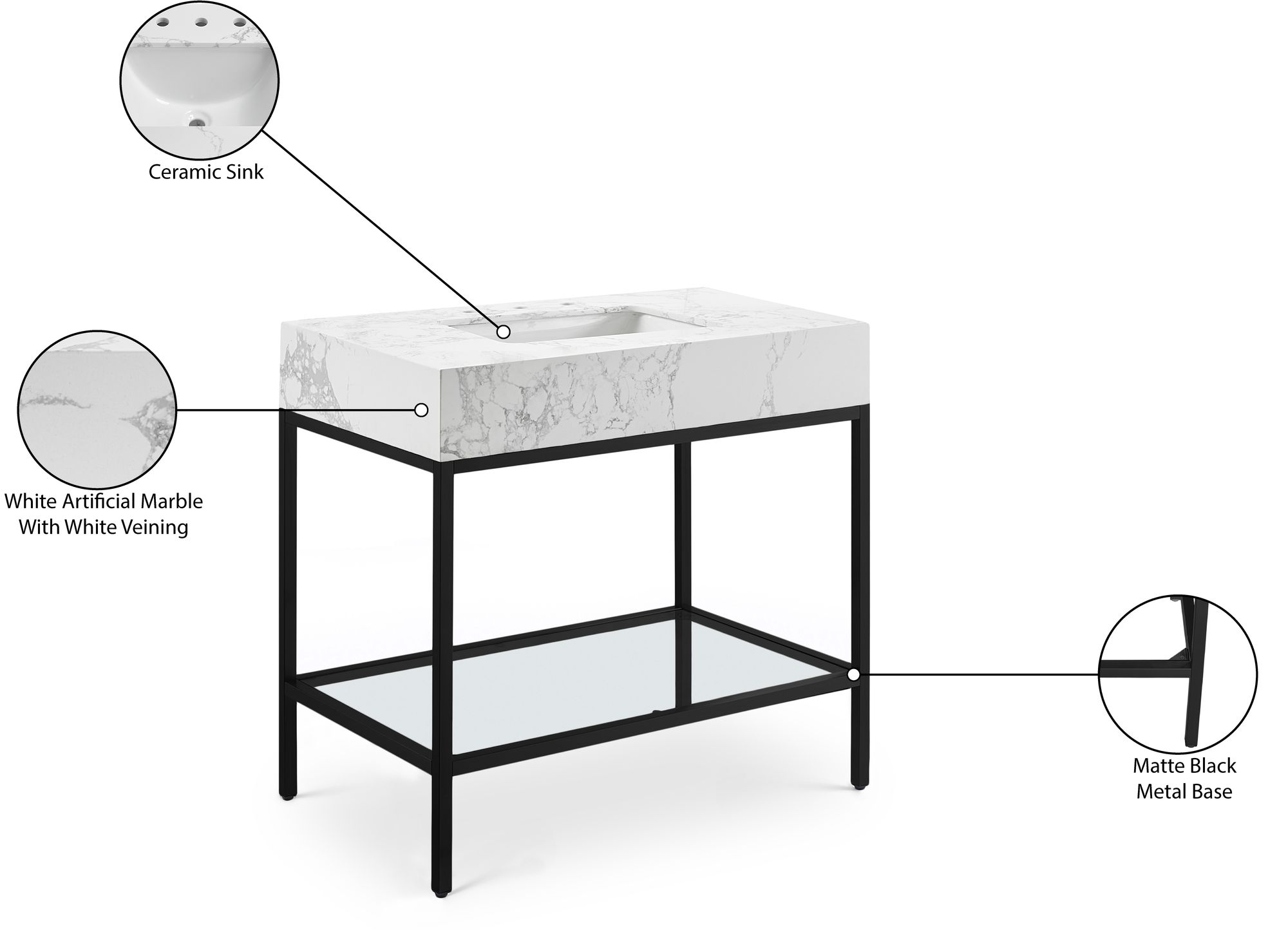 Marmo 36" Marble Single Bathroom Vanity with Matte Black Metal Base & Ceramic Sink