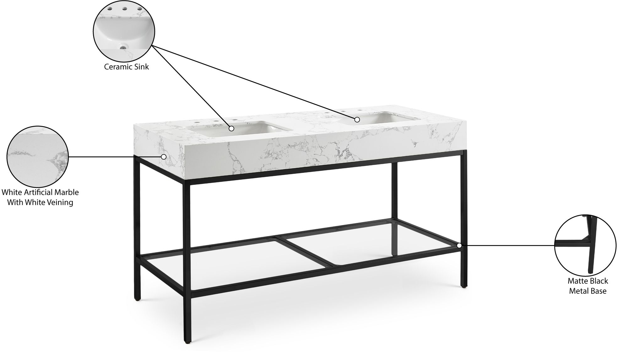Marmo 60" Marble Double Bathroom Vanity with Ceramic Sinks
