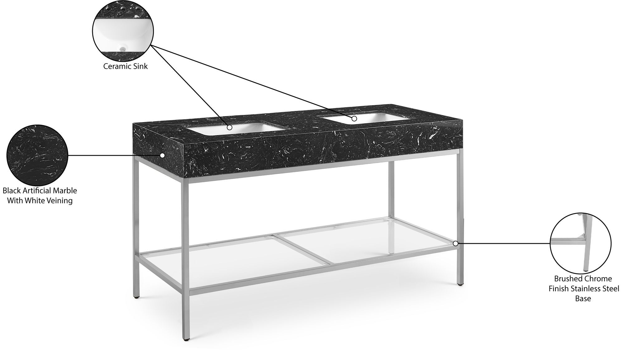 Marmo 60" Marble Double Bathroom Vanity with Chrome Base & Ceramic Sinks