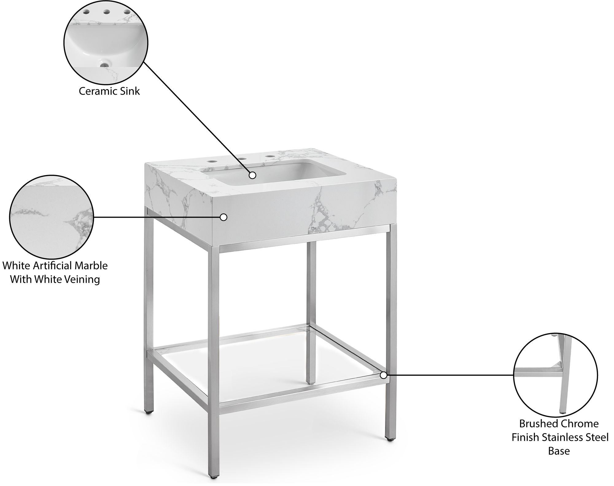 Marmo 24" Marble Single Bathroom Vanity with Chrome Base & Ceramic Sink
