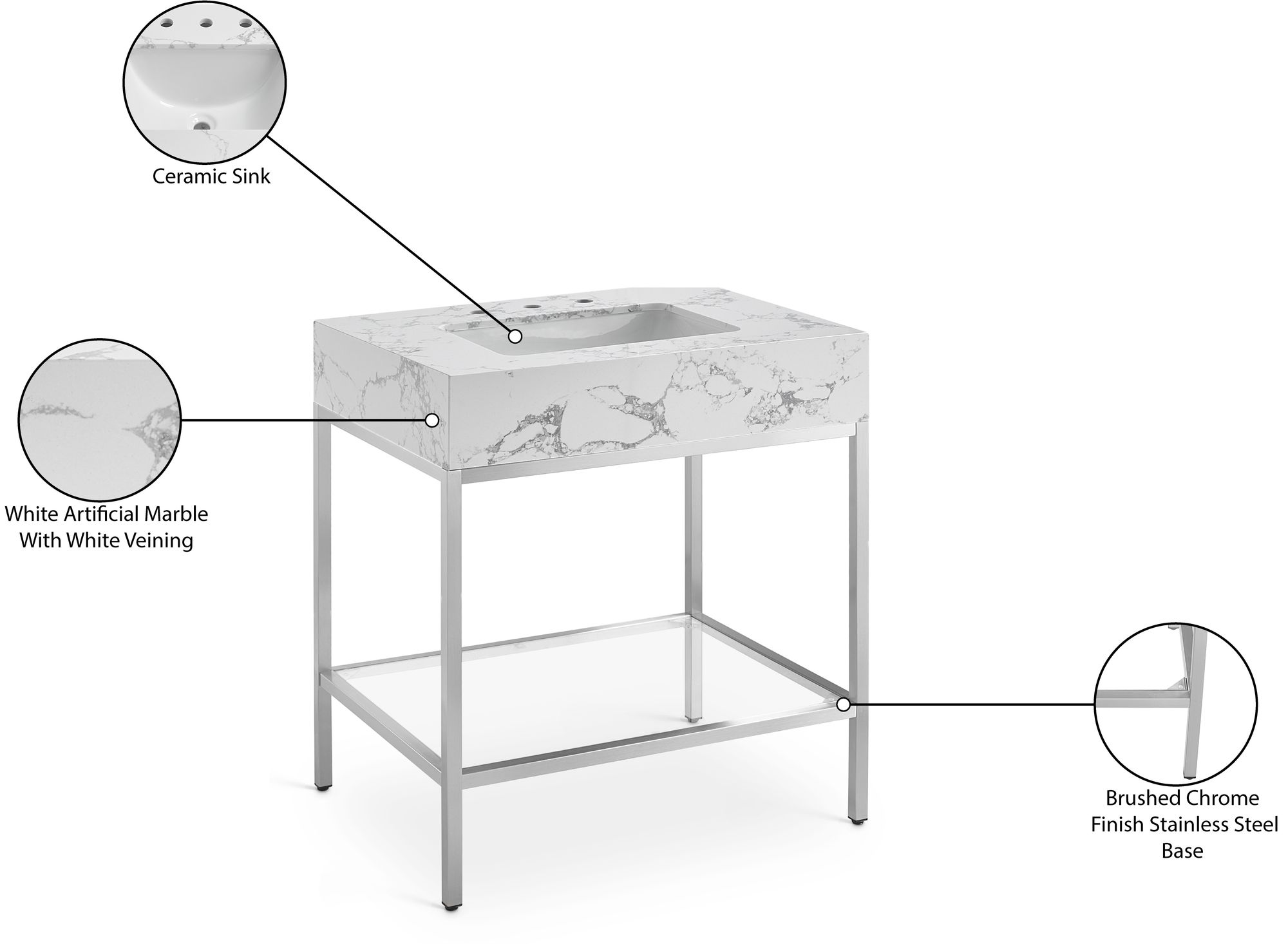 Marmo 30" Marble Single Bathroom Vanity with Chrome Base & Ceramic Sink