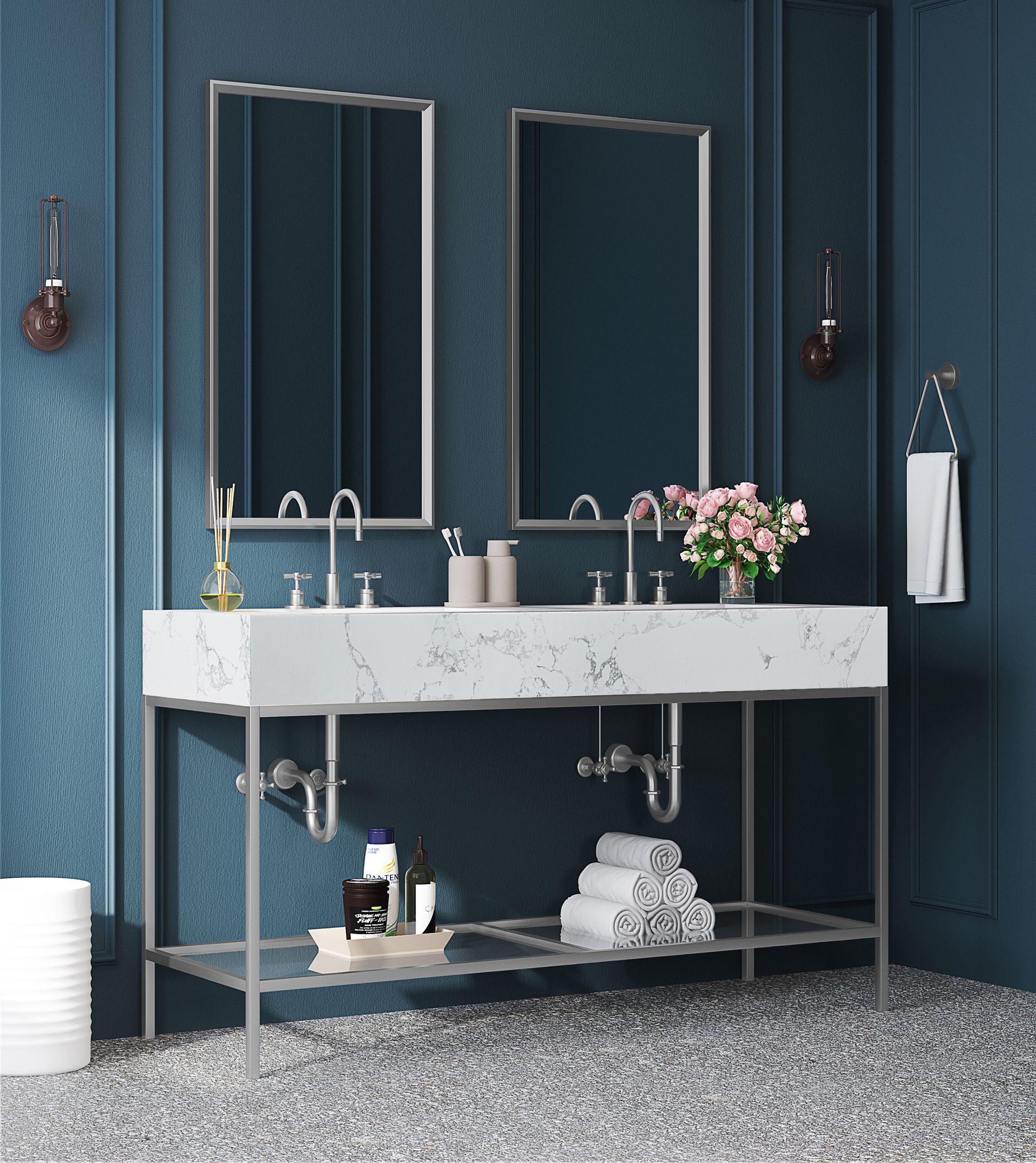 Marmo 60" Marble Double Bathroom Vanity with Chrome Base & Ceramic Sinks