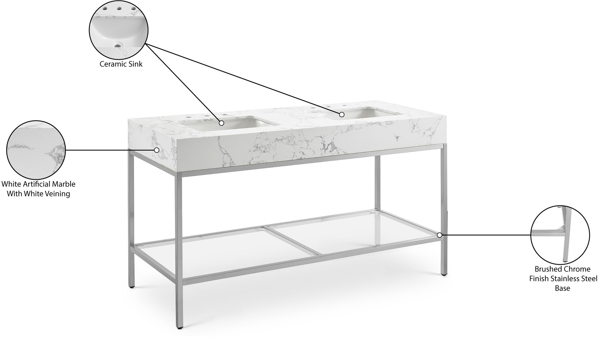 Marmo 60" Marble Double Bathroom Vanity with Chrome Base & Ceramic Sinks