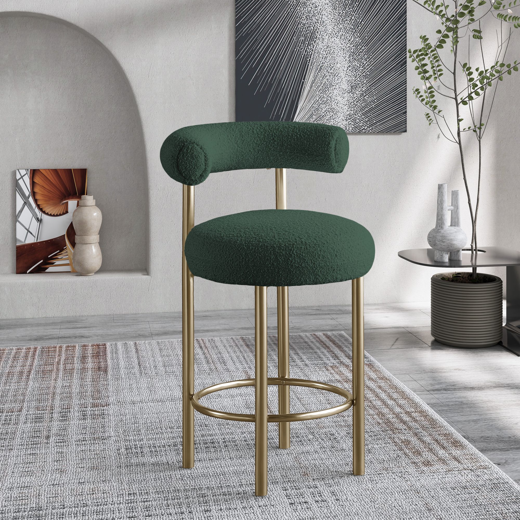 Bordeaux Boucle Fabric Stool with Brushed Brass Base