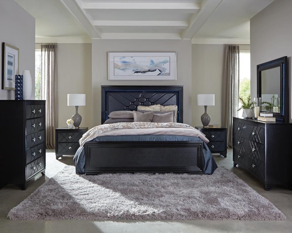 Penelope Leatherette/Wood Panel Bed w/LED Lighting