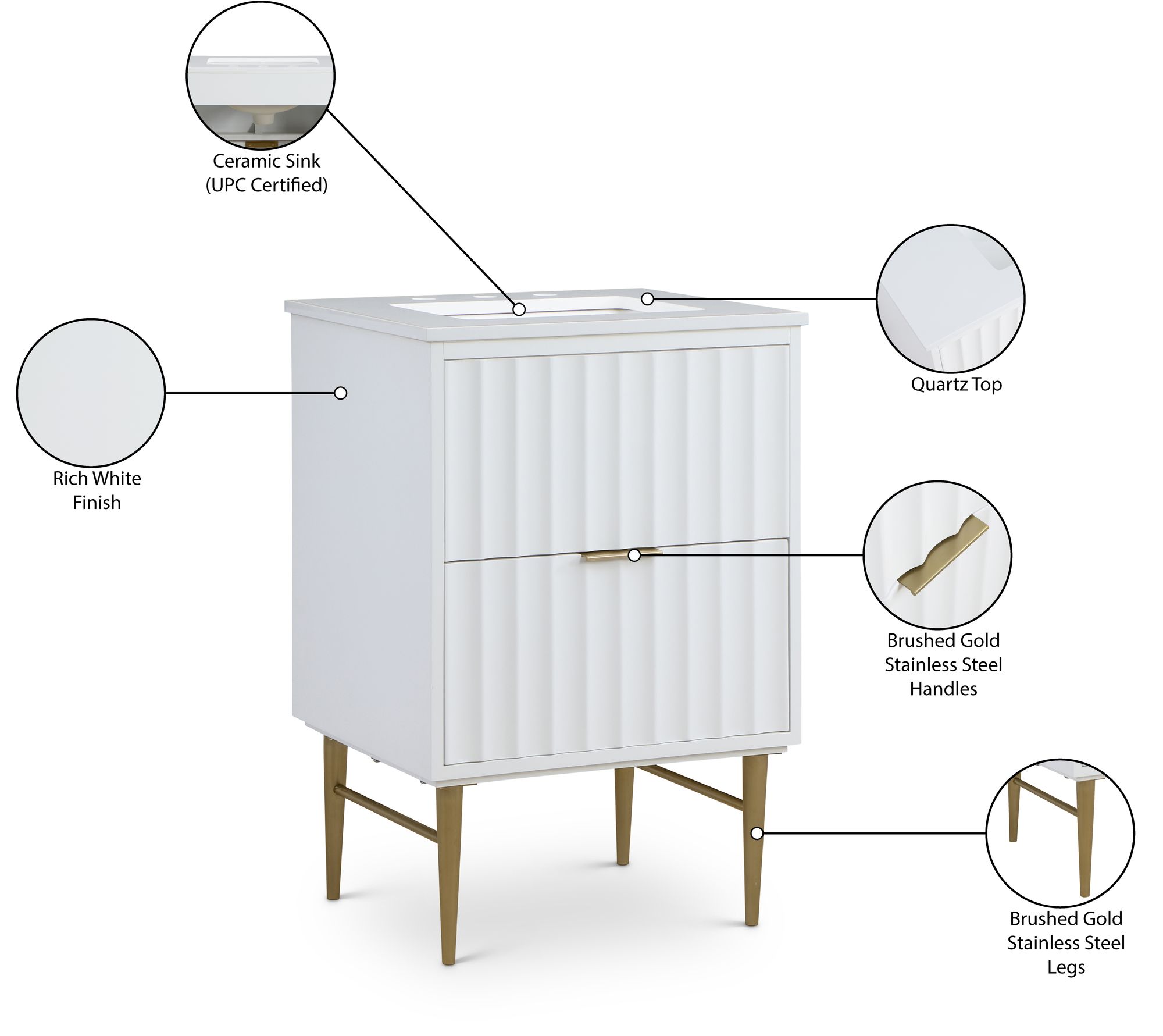 Modernist 24" Quartz  & Wood Veneer Single Bathroom Vanity with Brushed Gold Legs & Ceramic Sink