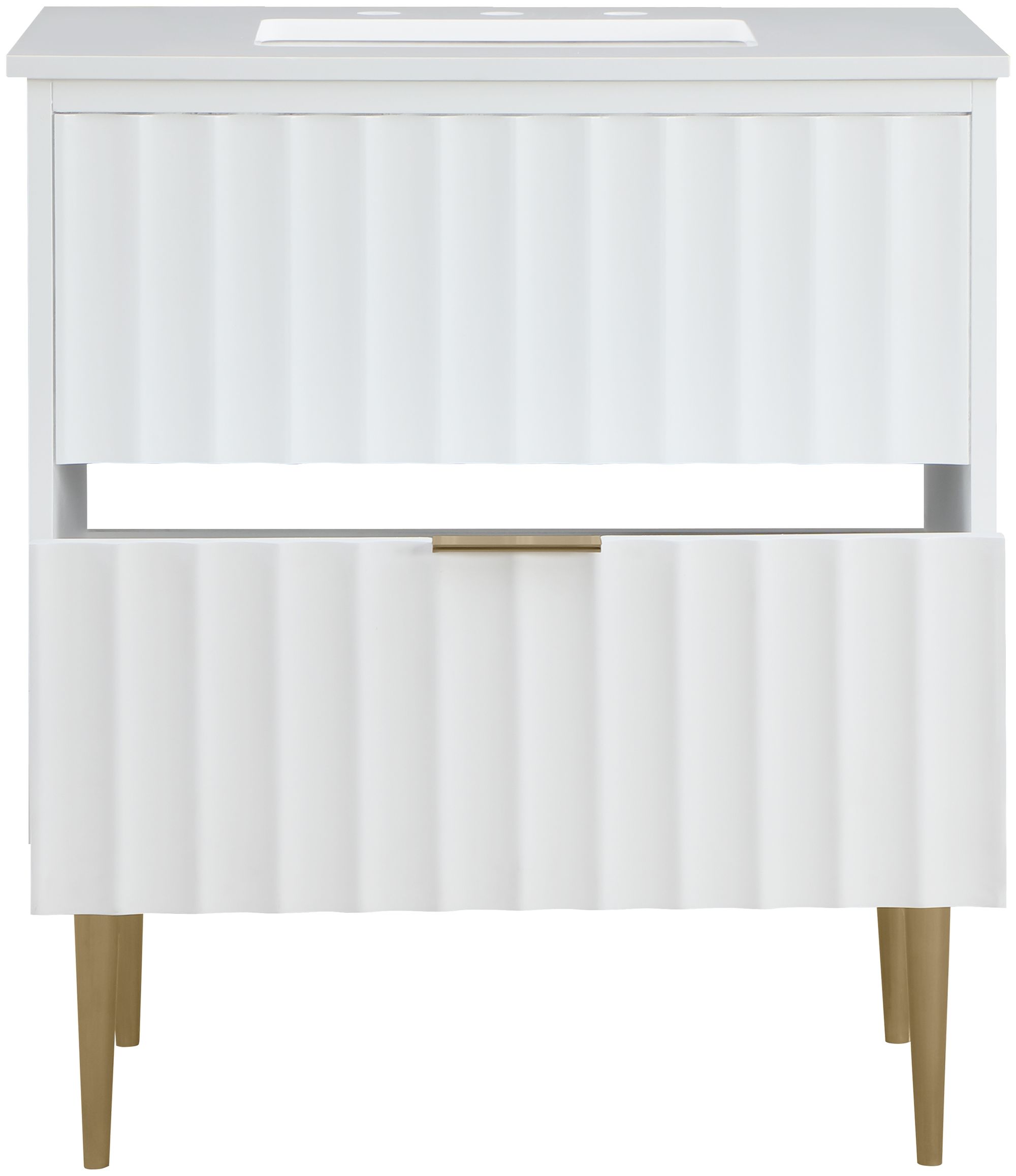 Modernist 30" Quartz  & Wood Veneer Single Bathroom Vanity with Brushed Gold Legs & Ceramic Sink