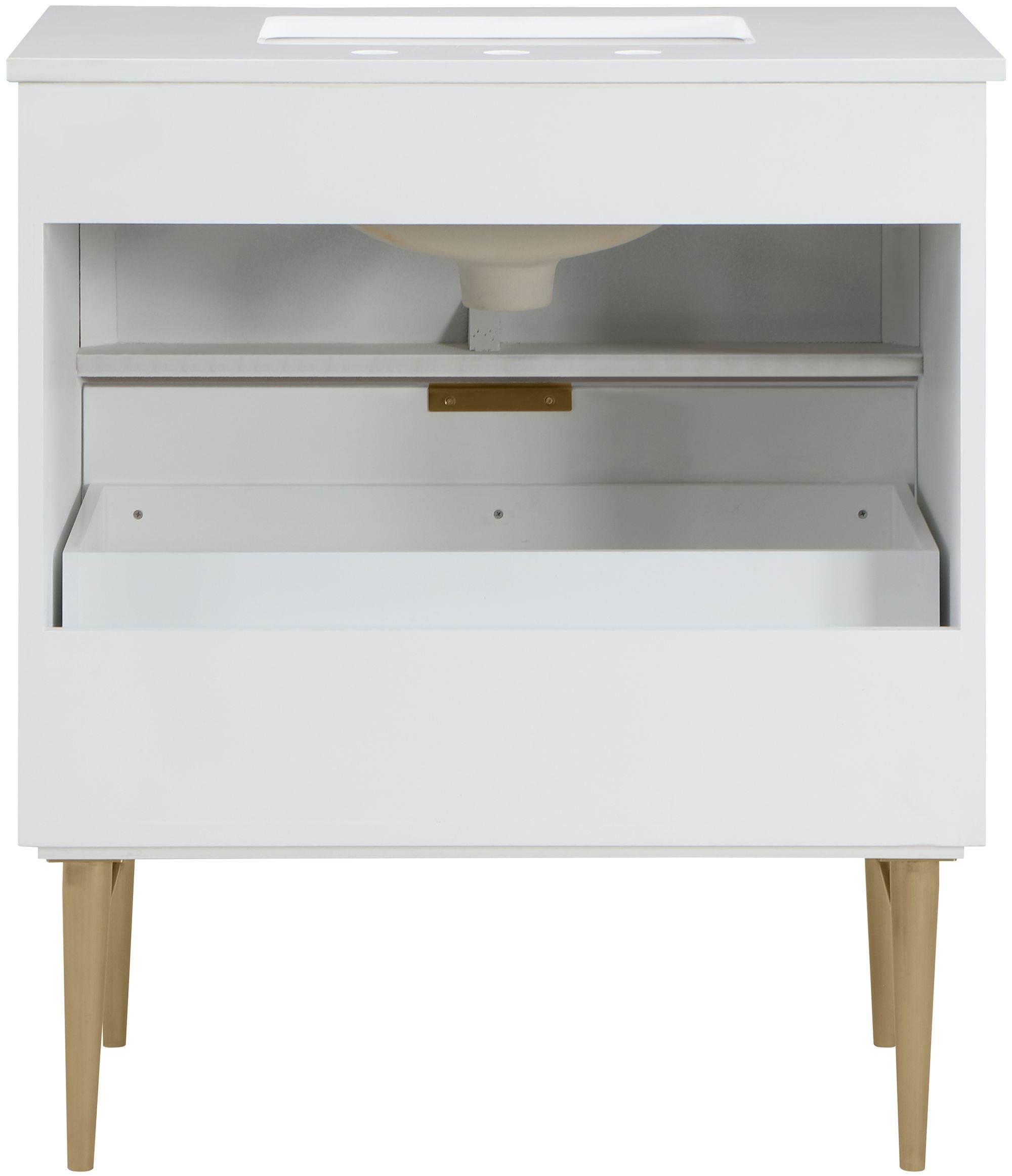 Modernist 30" Quartz  & Wood Veneer Single Bathroom Vanity with Brushed Metal Legs & Ceramic Sink