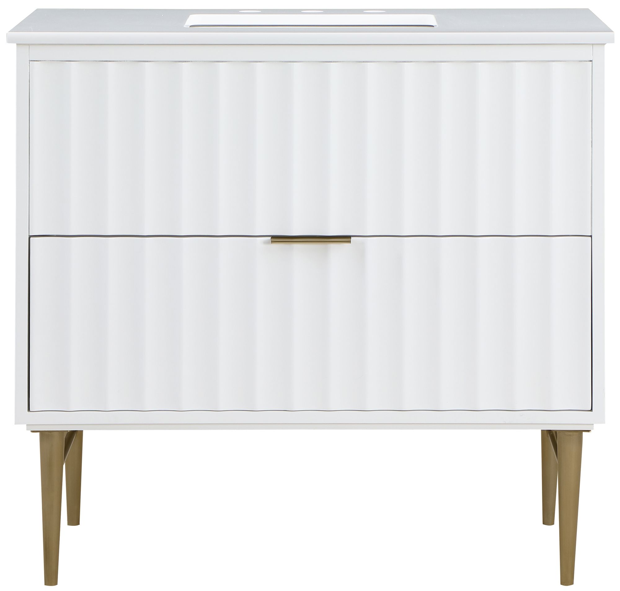 Modernist 36" Quartz  & Wood Veneer Single Bathroom Vanity with Brushed Gold Legs & Ceramic Sink