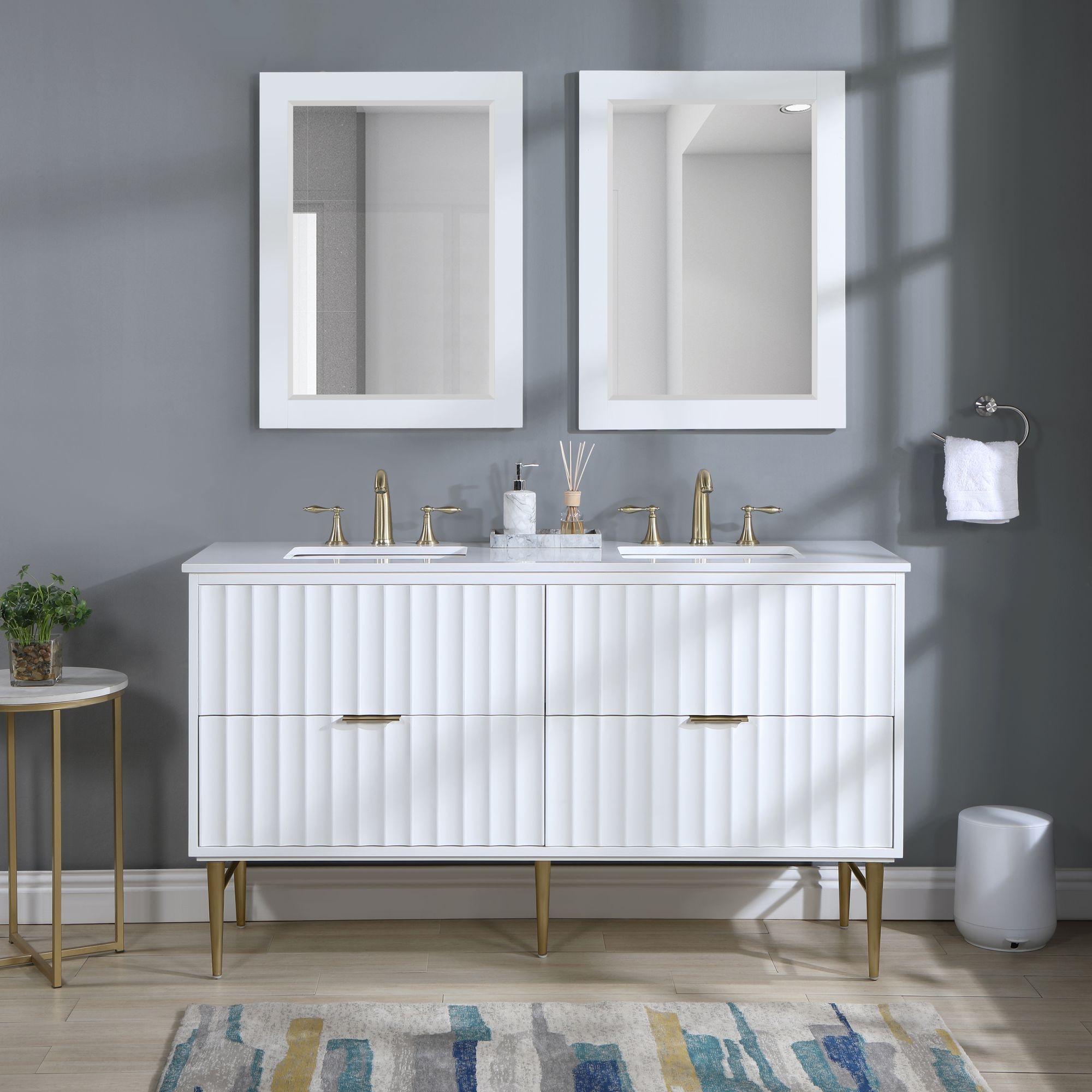 Modernist 60" Quartz  & Wood Veneer Double Bathroom Vanity with Brushed Legs & Ceramic Sinks