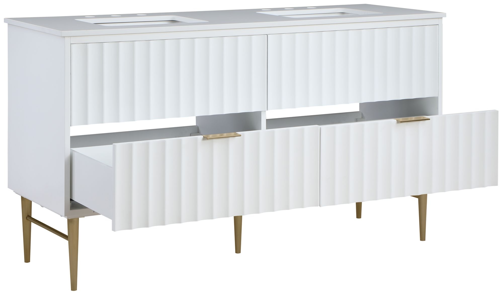 Modernist 60" Quartz  & Wood Veneer Double Bathroom Vanity with Brushed Legs & Ceramic Sinks