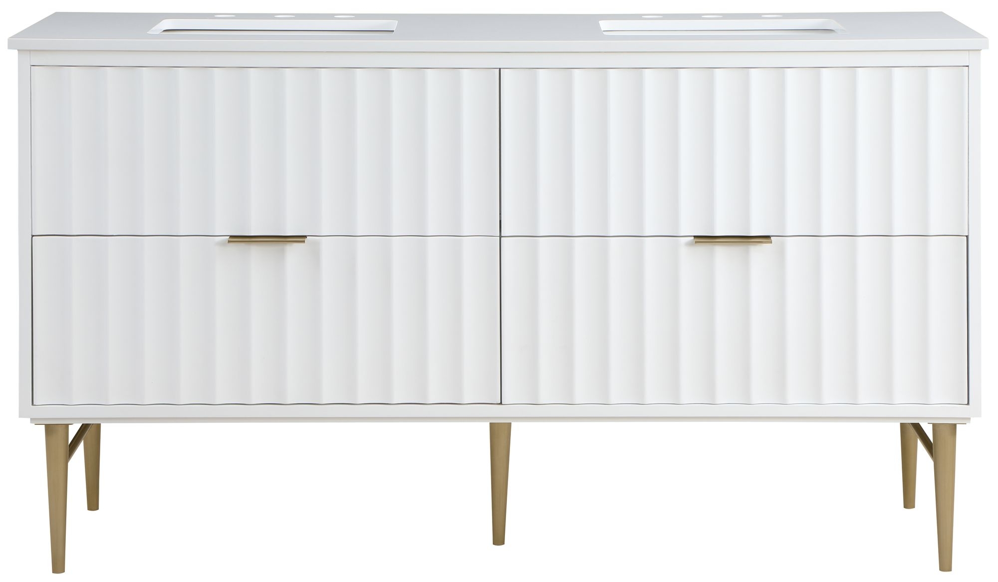 Modernist 60" Quartz  & Wood Veneer Double Bathroom Vanity with Brushed Legs & Ceramic Sinks
