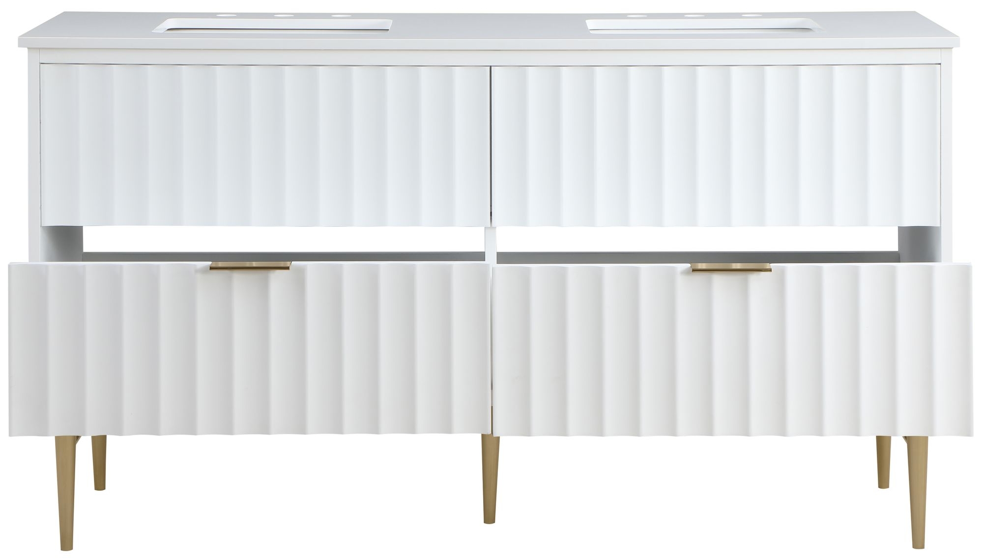 Modernist 60" Quartz  & Wood Veneer Double Bathroom Vanity with Brushed Legs & Ceramic Sinks