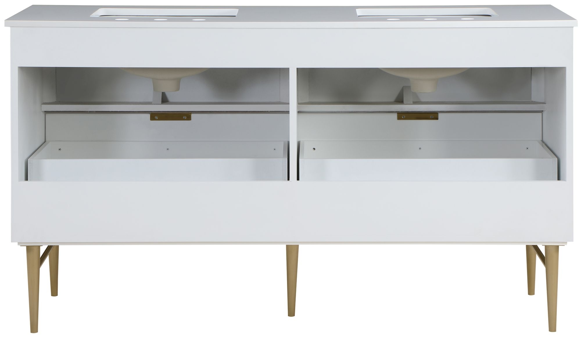 Modernist 60" Quartz  & Wood Veneer Double Bathroom Vanity with Brushed Legs & Ceramic Sinks