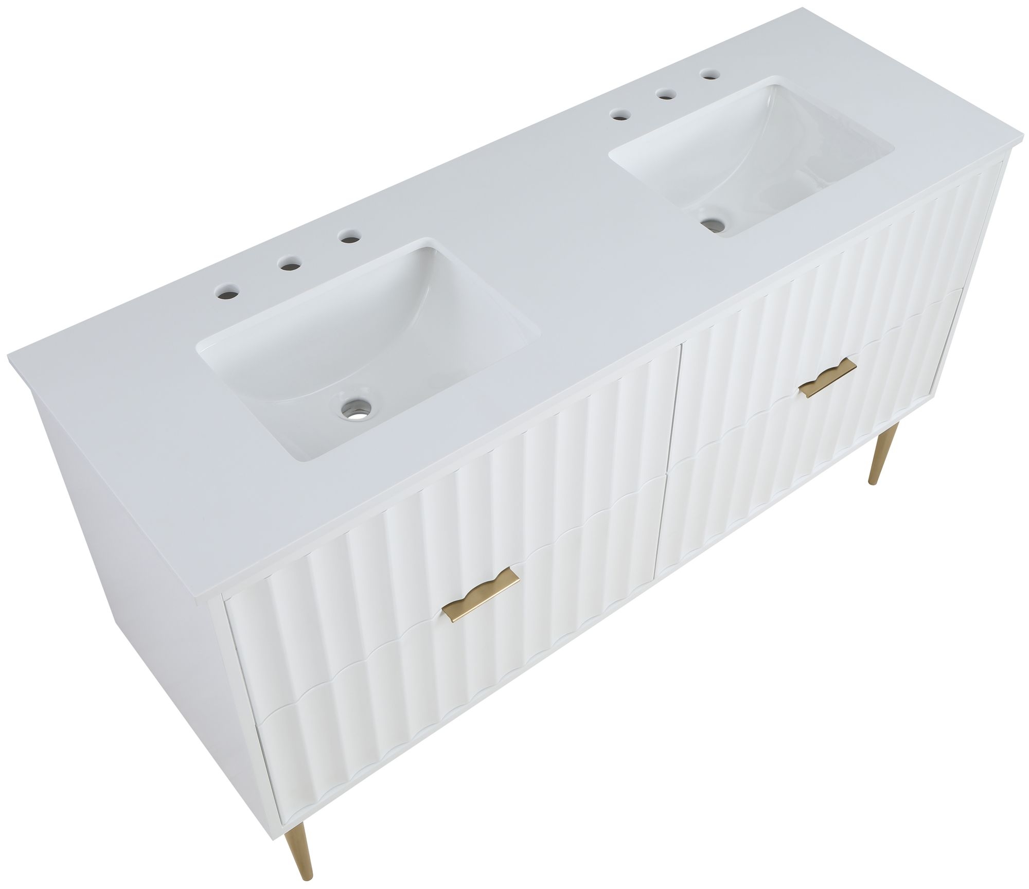 Modernist 60" Quartz  & Wood Veneer Double Bathroom Vanity with Brushed Legs & Ceramic Sinks