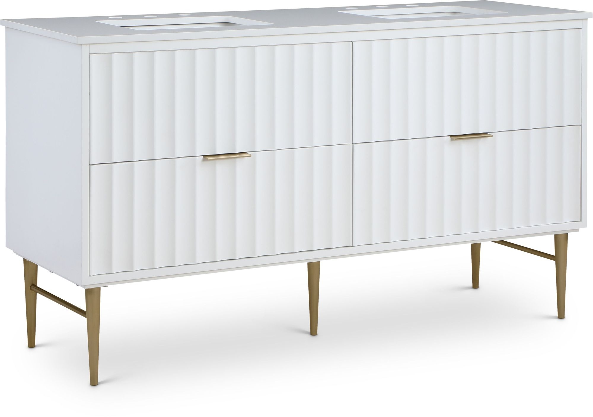 Modernist 60" Quartz  & Wood Veneer Double Bathroom Vanity with Brushed Legs & Ceramic Sinks