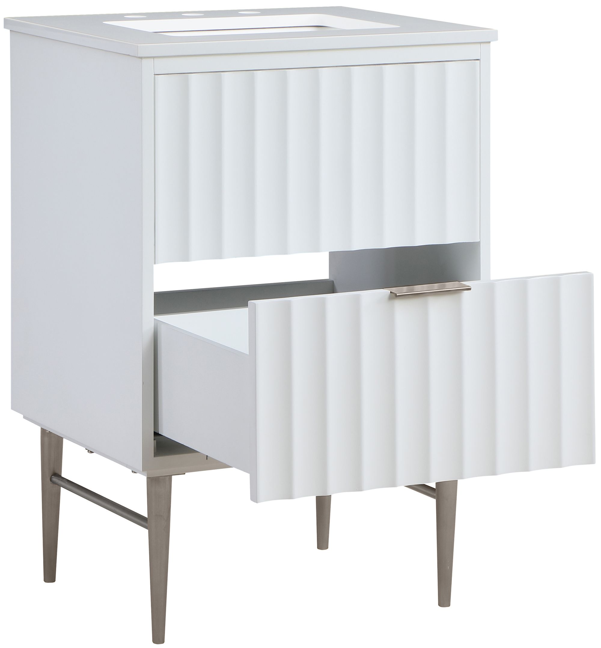 Modernist 24" Quartz  & Wood Veneer Single Bathroom Vanity with Brushed Metal Legs & Ceramic Sink