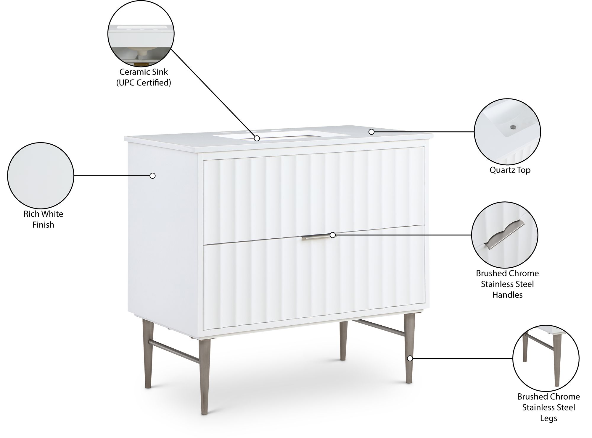 Modernist 36" Quartz  & Wood Veneer Single Bathroom Vanity with Brushed Chrome Legs & Ceramic Sink