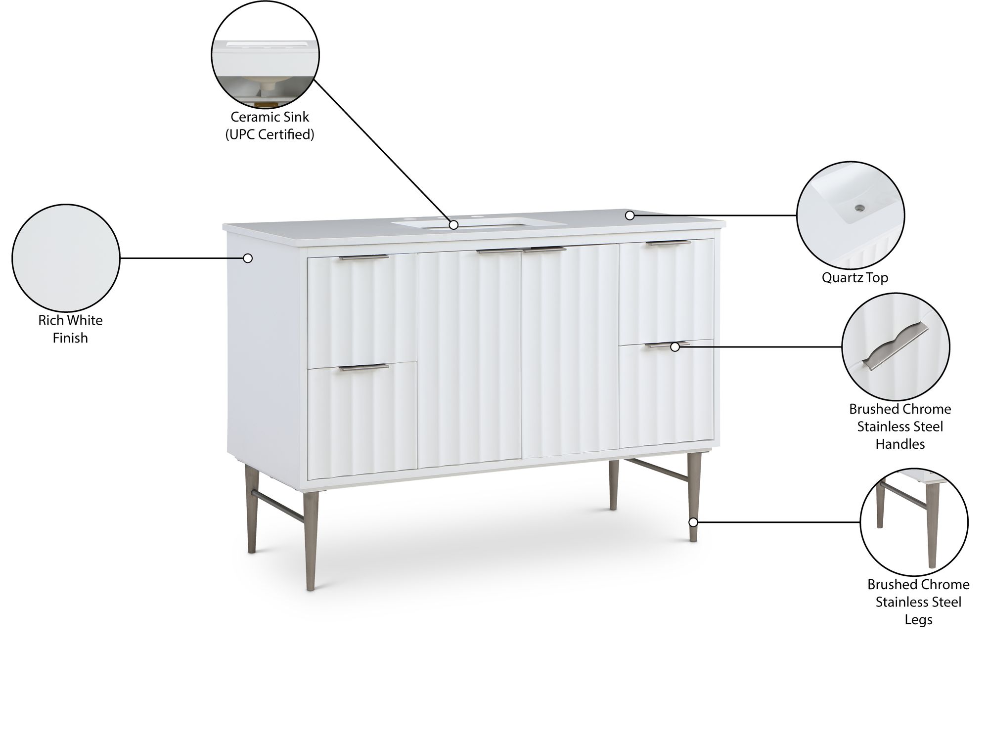 Modernist 48" Quartz  & Wood Veneer Single Bathroom Vanity with Brushed Chrome Legs & Ceramic Sink