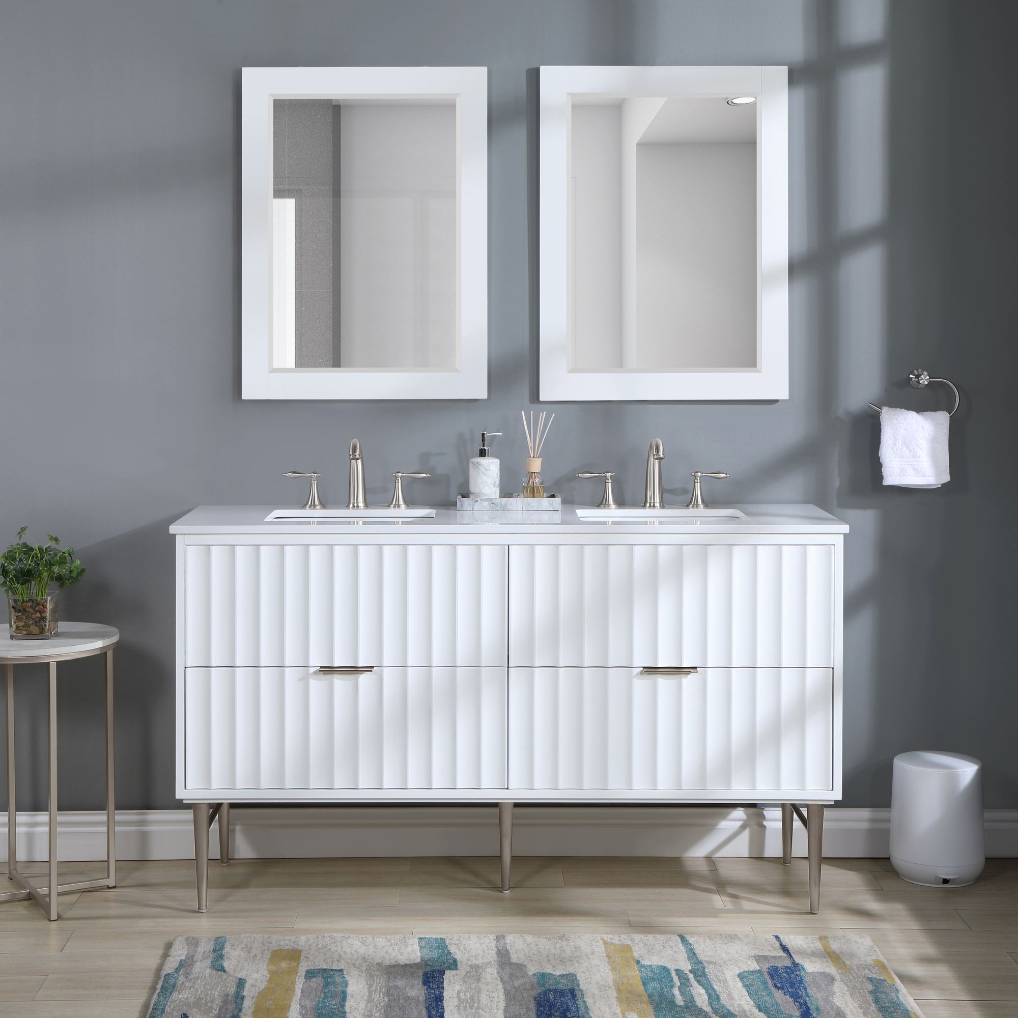 Modernist 60" Quartz  & Wood Veneer Double Bathroom Vanity with Brushed Legs & Ceramic Sinks