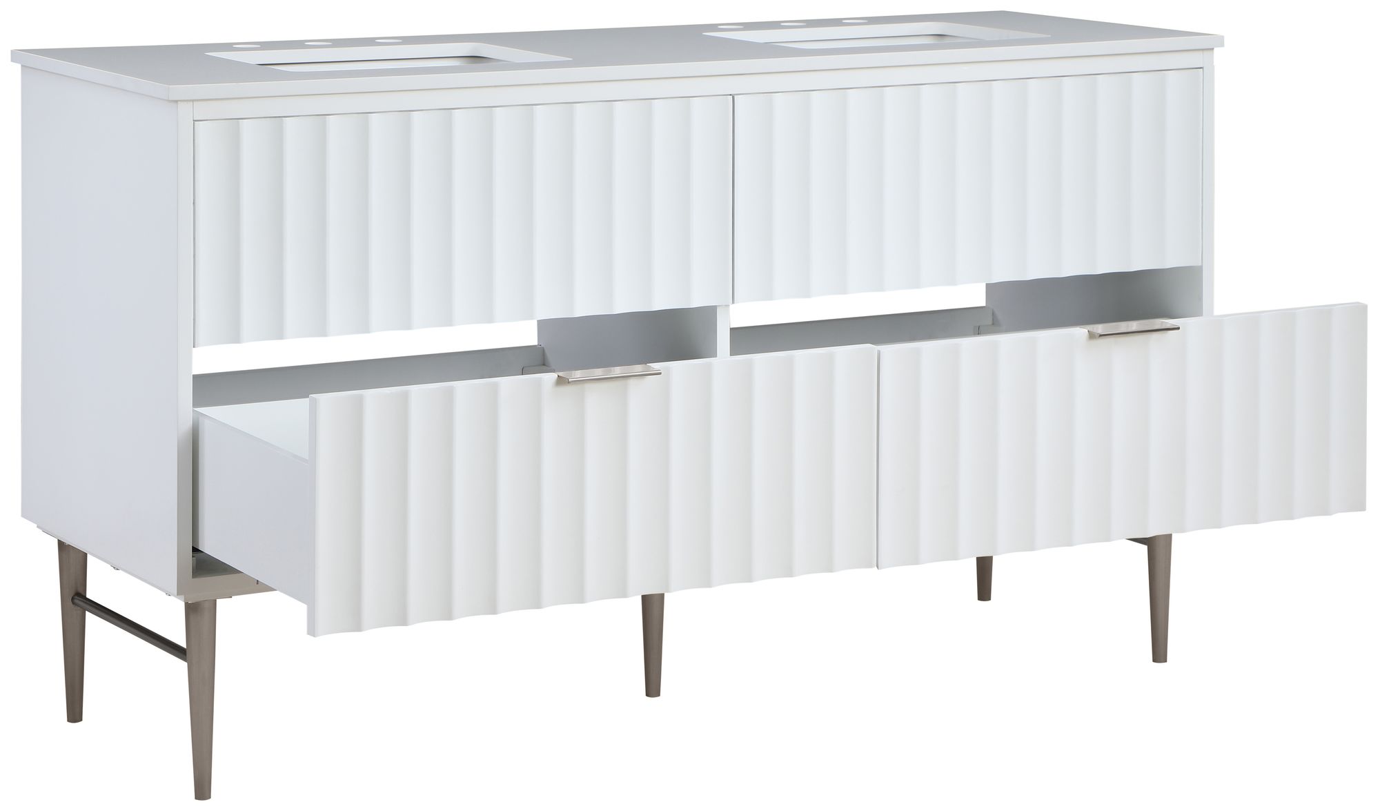 Modernist 60" Quartz  & Wood Veneer Double Bathroom Vanity with Brushed Chrome Legs & Ceramic Sinks