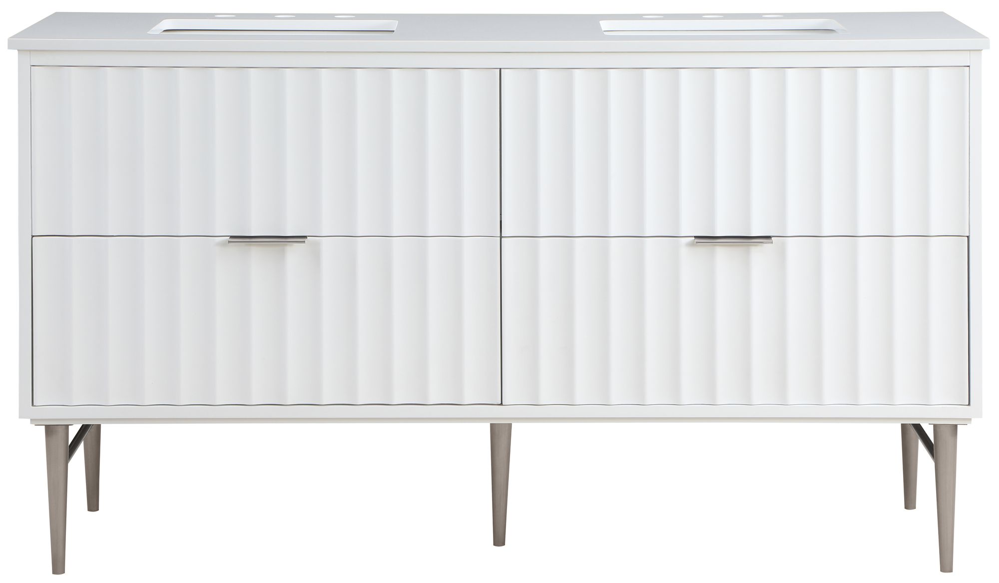 Modernist 60" Quartz  & Wood Veneer Double Bathroom Vanity with Brushed Legs & Ceramic Sinks