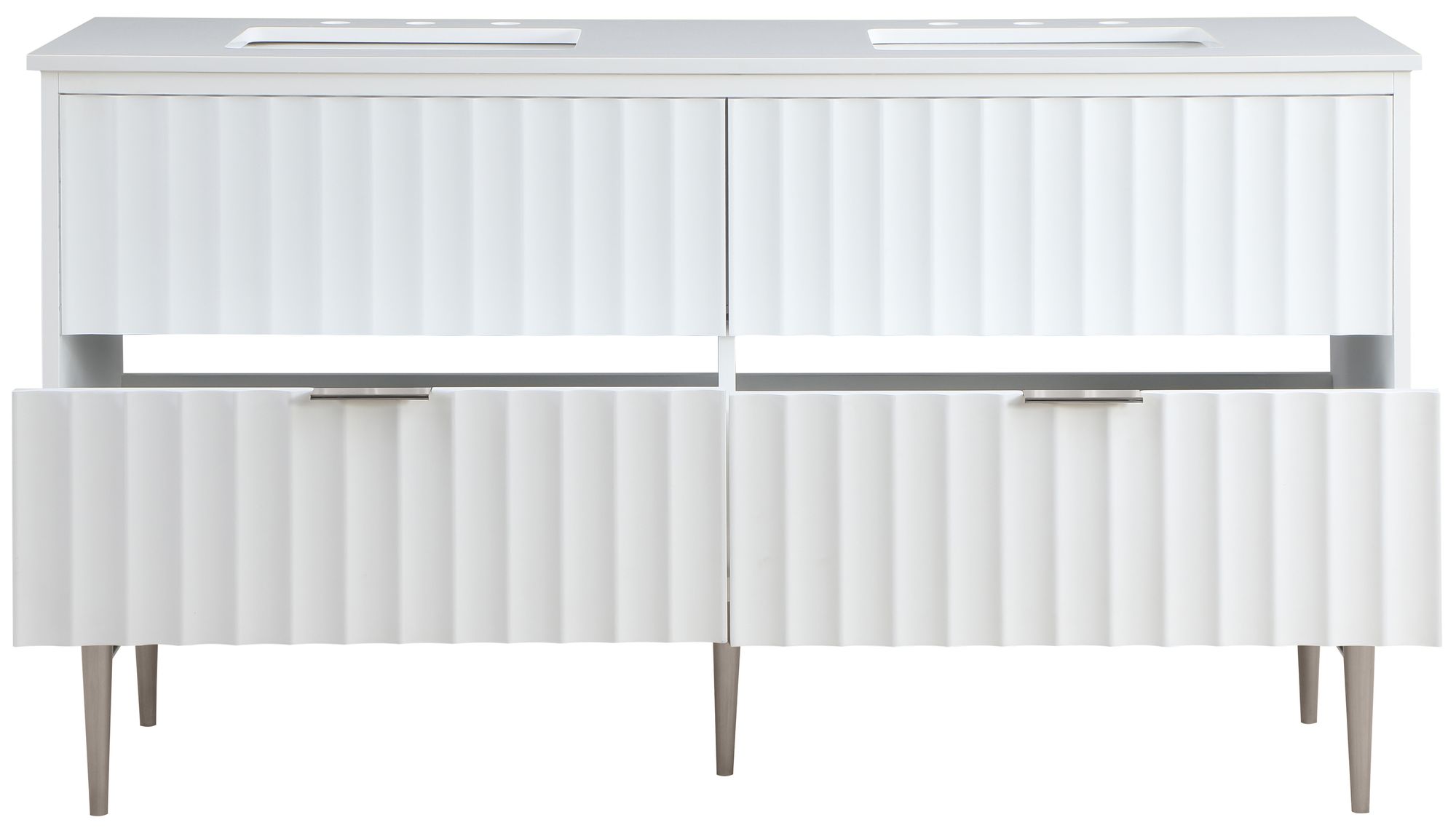Modernist 60" Quartz  & Wood Veneer Double Bathroom Vanity with Brushed Legs & Ceramic Sinks