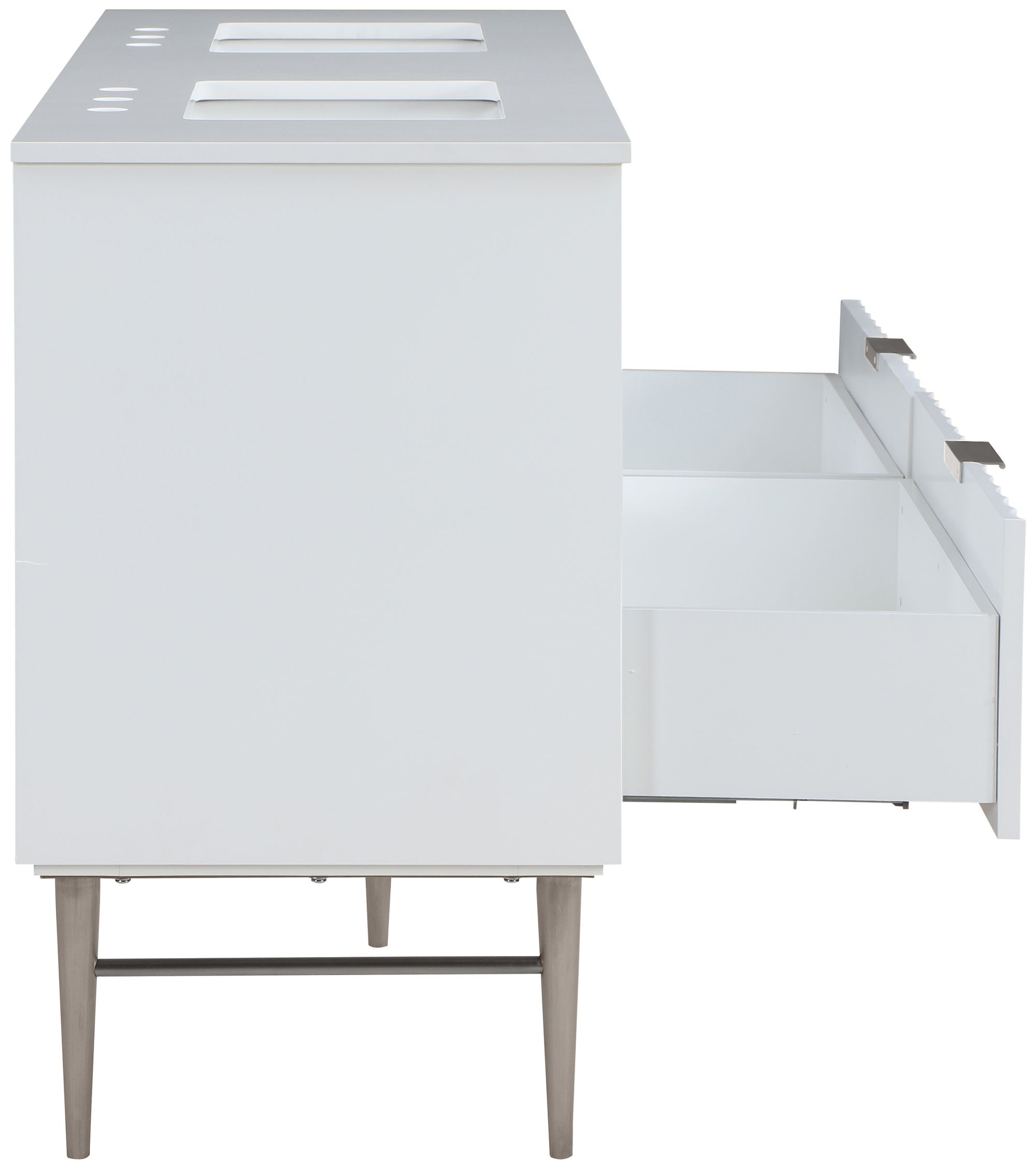 Modernist 60" Quartz  & Wood Veneer Double Bathroom Vanity with Brushed Legs & Ceramic Sinks