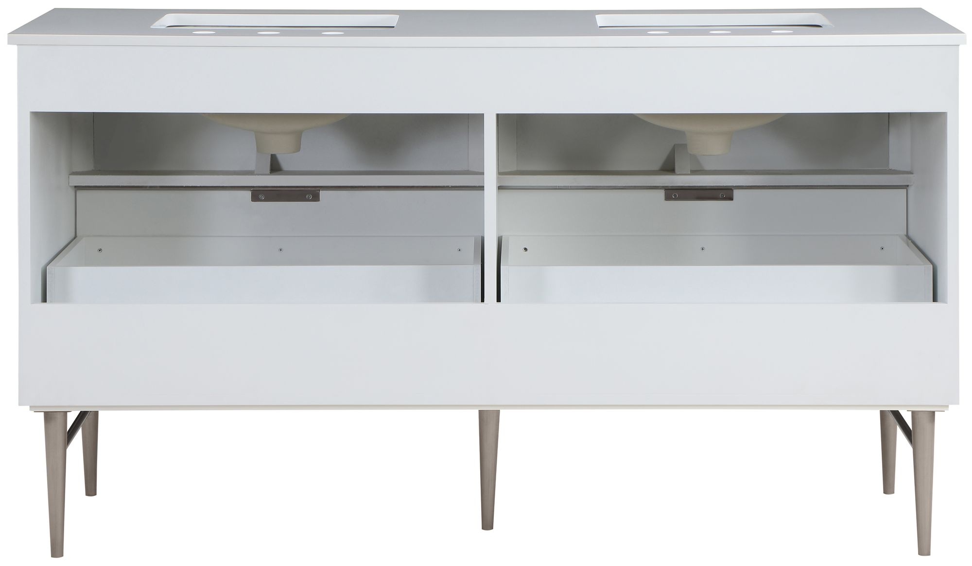 Modernist 60" Quartz  & Wood Veneer Double Bathroom Vanity with Brushed Legs & Ceramic Sinks