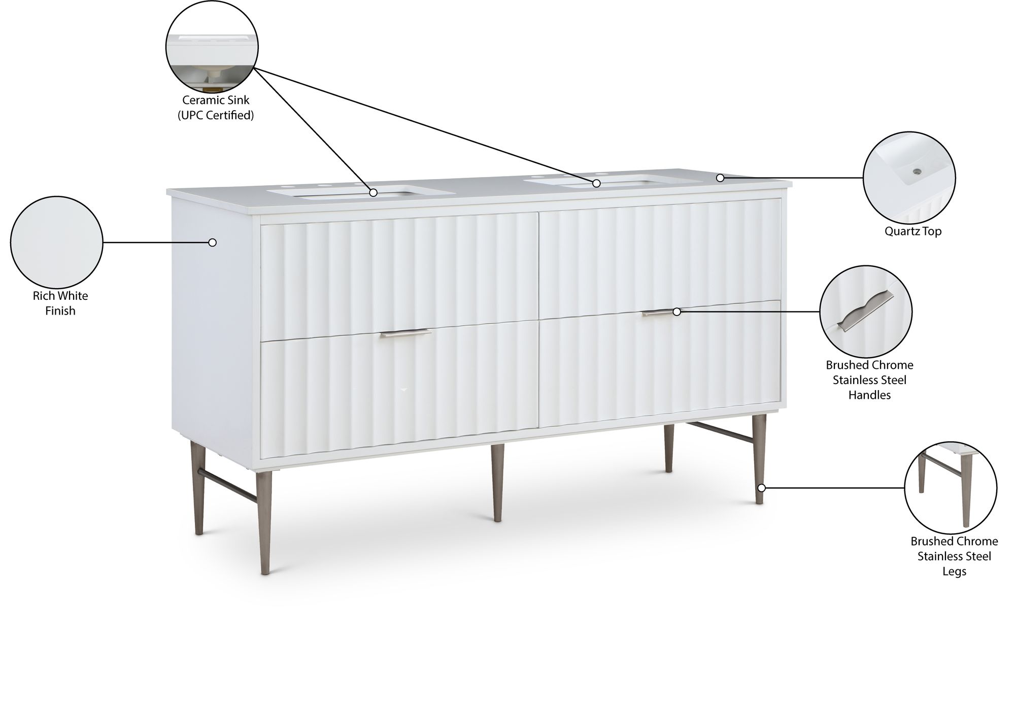 Modernist 60" Quartz  & Wood Veneer Double Bathroom Vanity with Brushed Legs & Ceramic Sinks