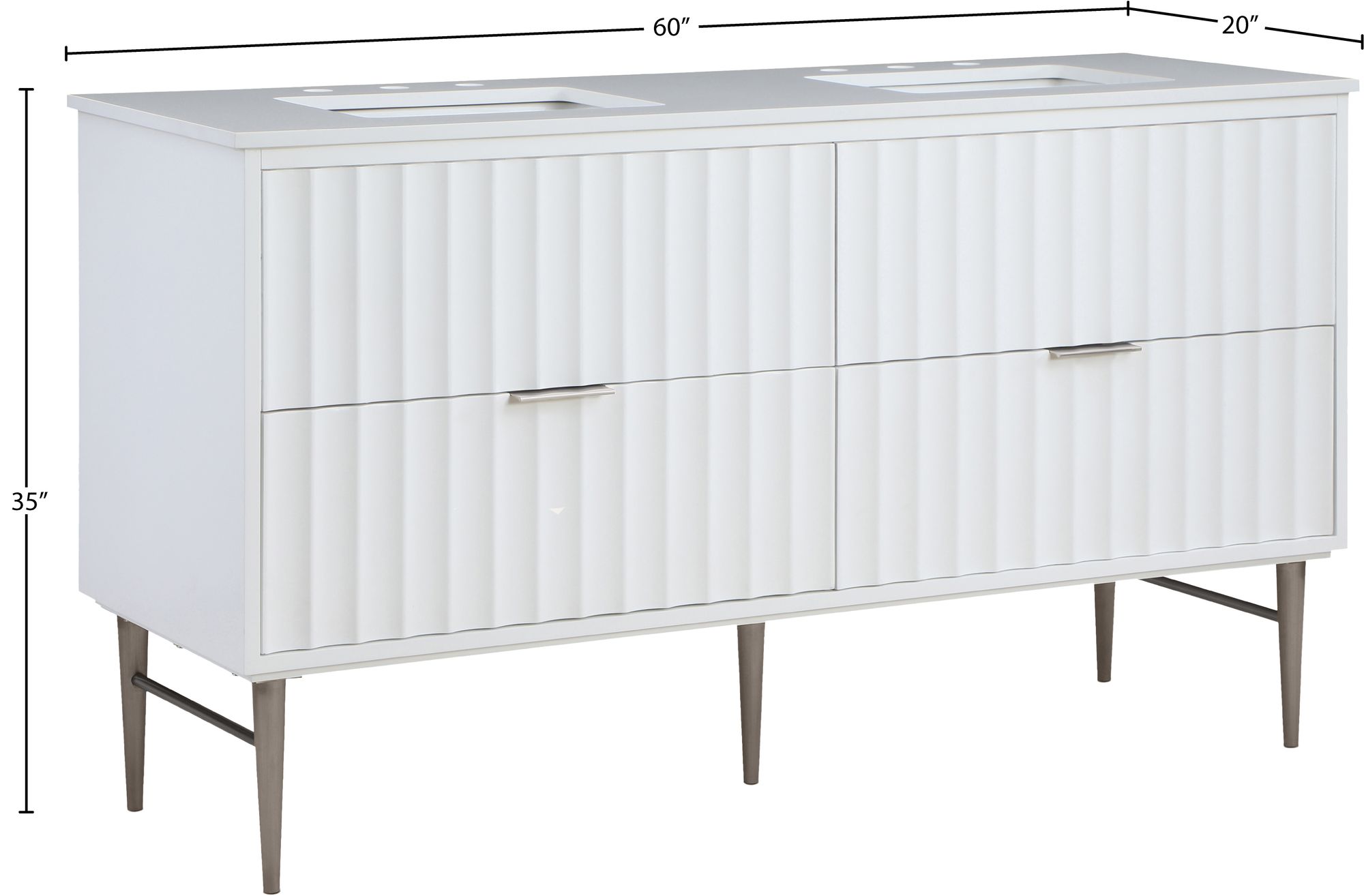Modernist 60" Quartz  & Wood Veneer Double Bathroom Vanity with Brushed Legs & Ceramic Sinks