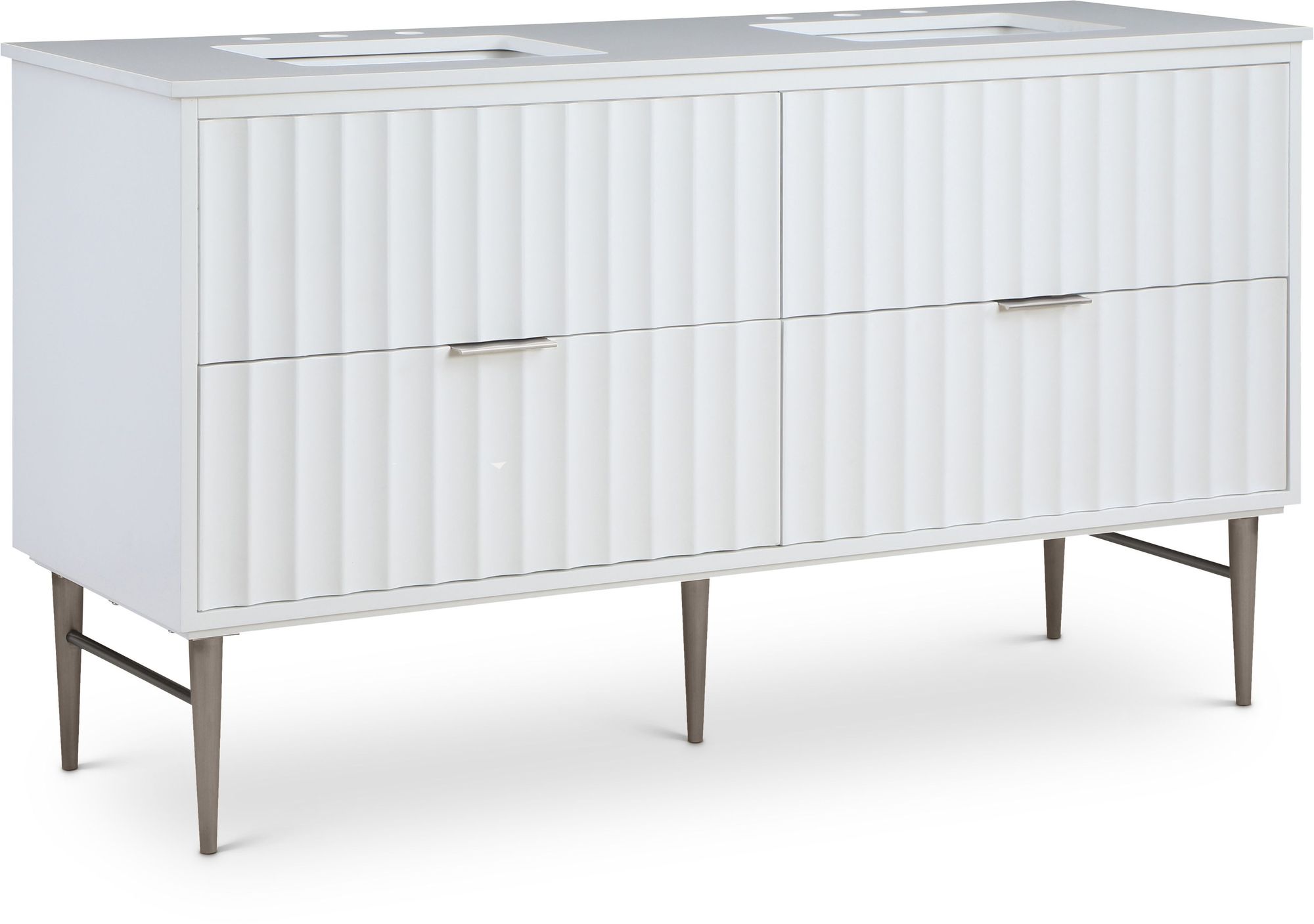 Modernist 60" Quartz  & Wood Veneer Double Bathroom Vanity with Brushed Legs & Ceramic Sinks