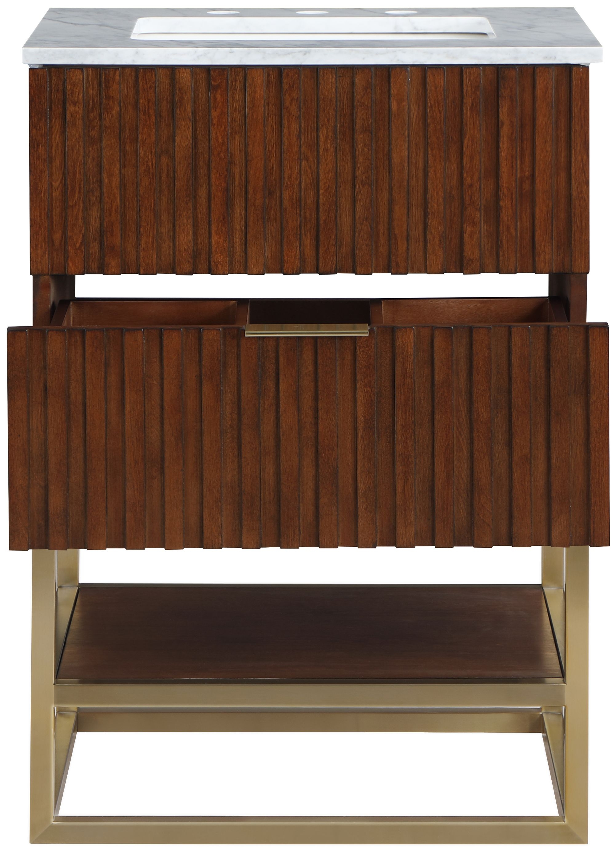 Monad 24" Marble & Wood Veneer Single Bathroom Vanity with Brushed Gold Base & Ceramic Sink