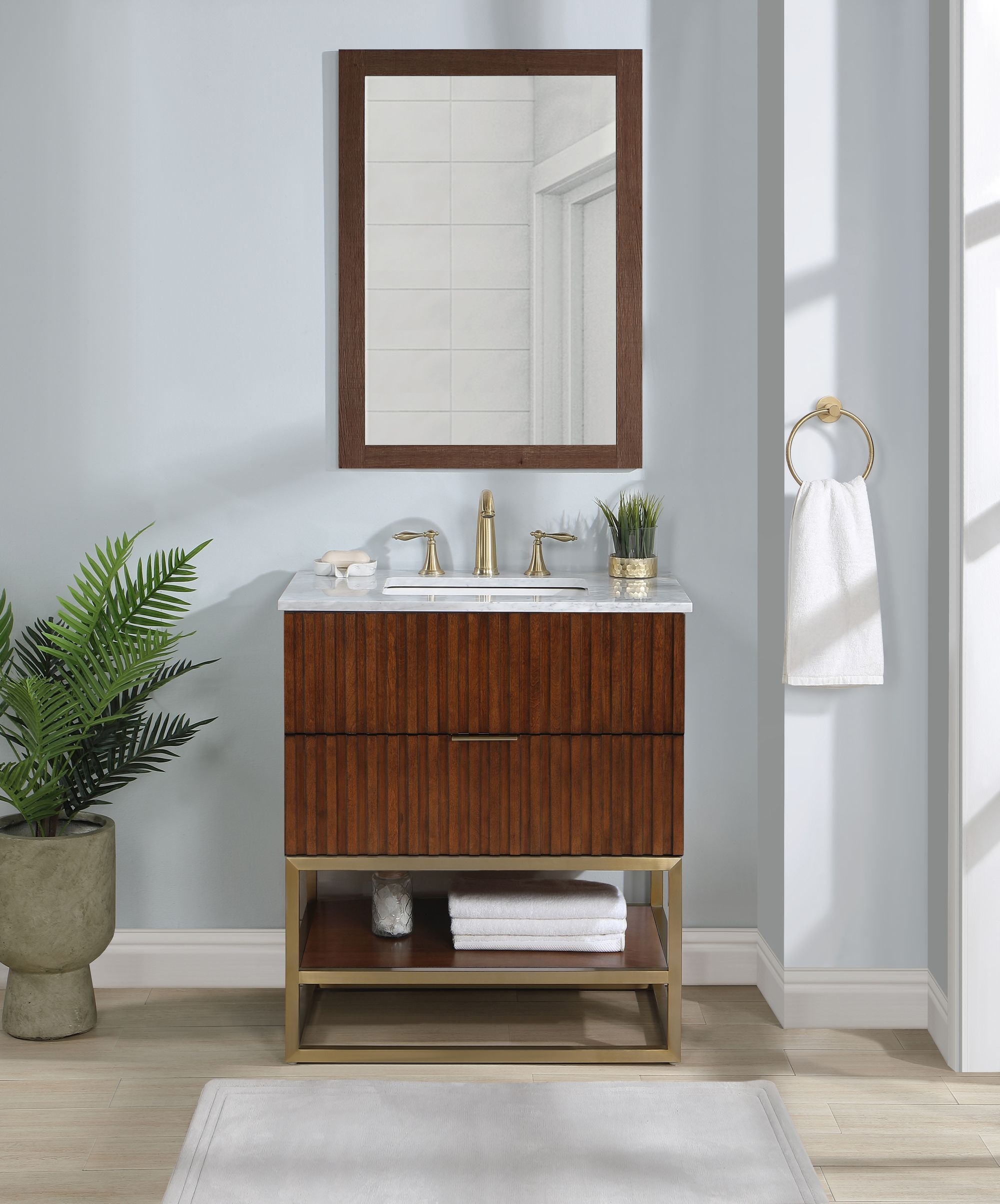 Monad 30" Marble & Wood Veneer Single Bathroom Vanity with Brushed Gold Base & Ceramic Sink