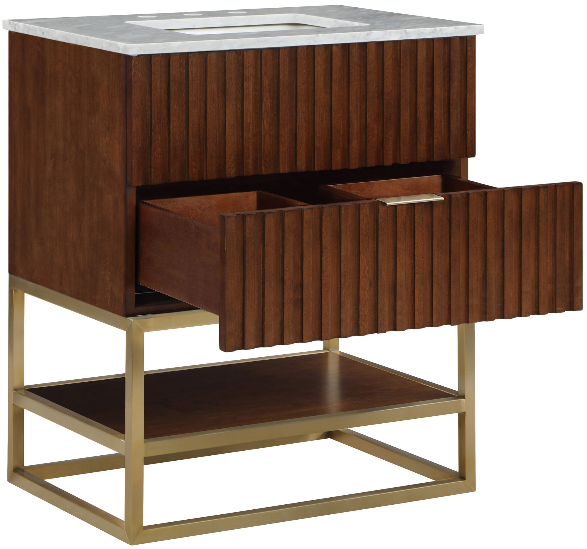 Monad 30" Marble & Wood Veneer Single Bathroom Vanity with Brushed Gold Base & Ceramic Sink