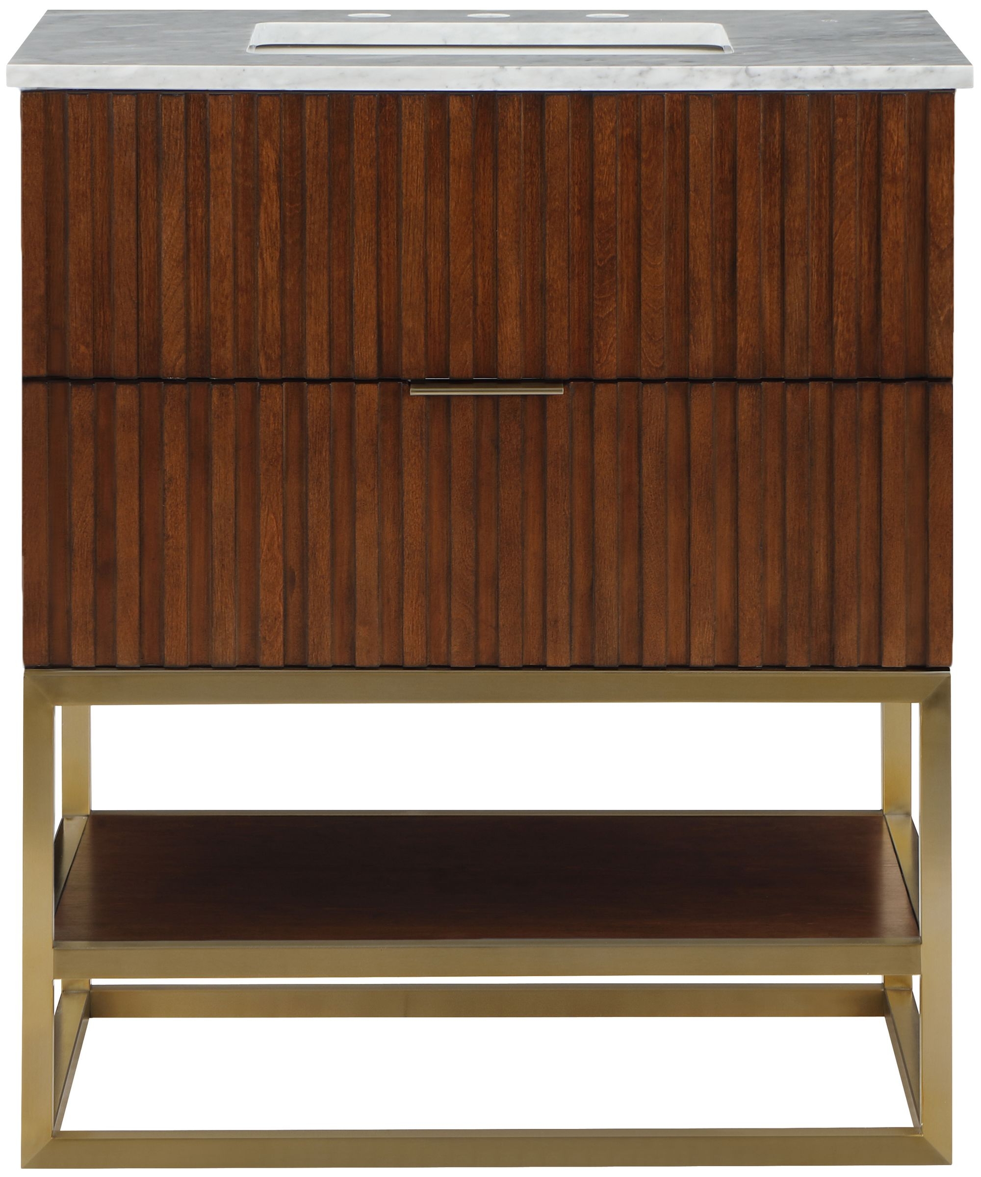 Monad 30" Marble & Wood Veneer Single Bathroom Vanity with Brushed Gold Base & Ceramic Sink