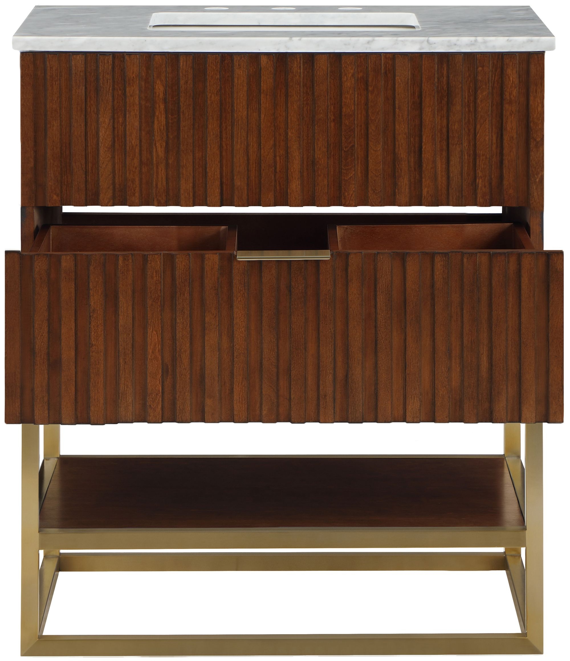 Monad 30" Marble & Wood Veneer Single Bathroom Vanity with Brushed Gold Base & Ceramic Sink