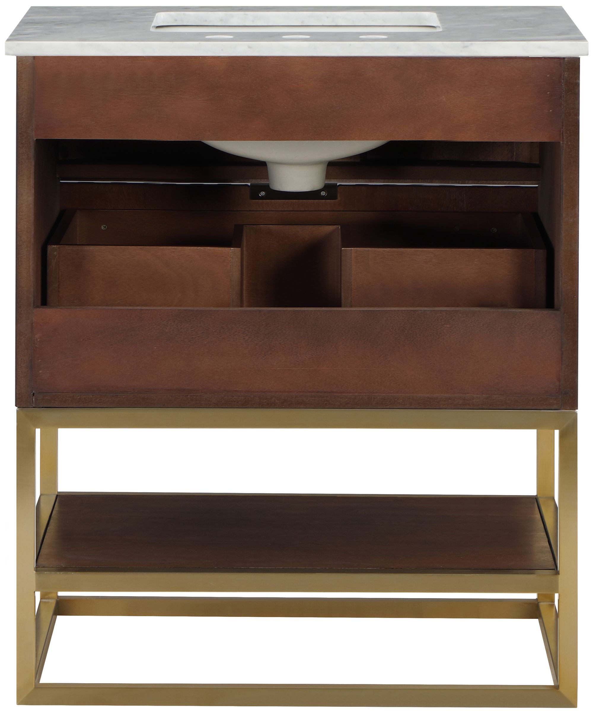 Monad 30" Marble & Wood Veneer Single Bathroom Vanity with Brushed Gold Base & Ceramic Sink
