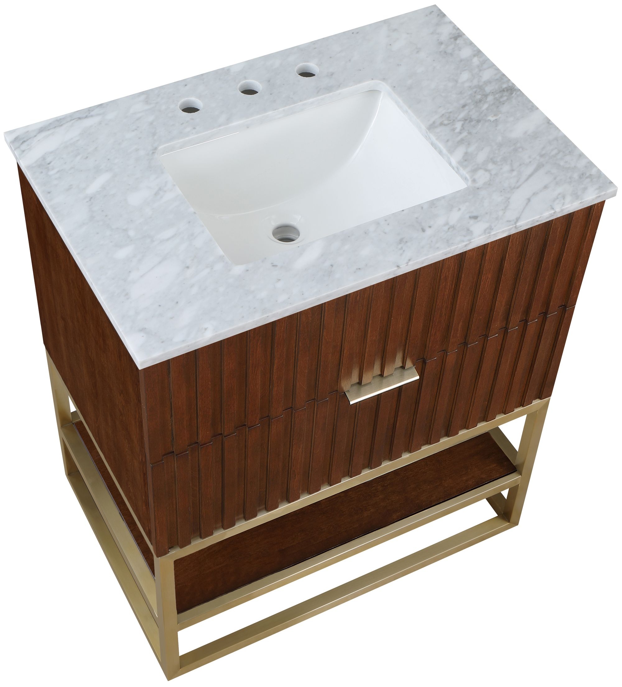 Monad 30" Marble & Wood Veneer Single Bathroom Vanity with Brushed Gold Base & Ceramic Sink