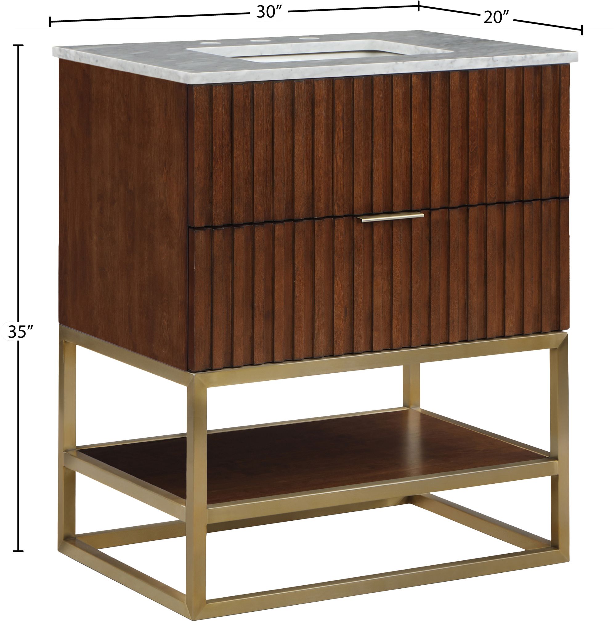 Monad 30" Marble & Wood Veneer Single Bathroom Vanity with Brushed Gold Base & Ceramic Sink