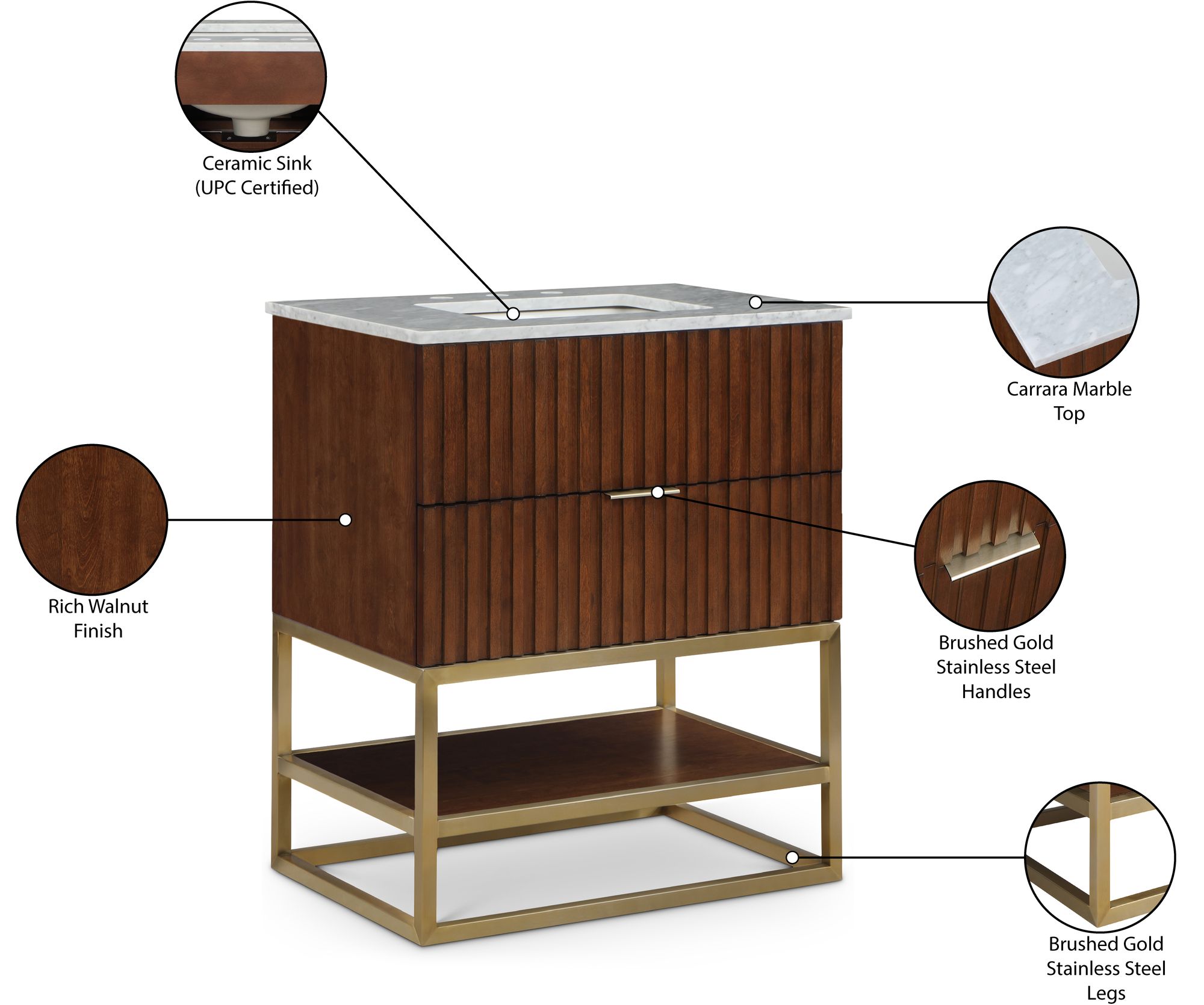Monad 30" Marble & Wood Veneer Single Bathroom Vanity with Brushed Gold Base & Ceramic Sink