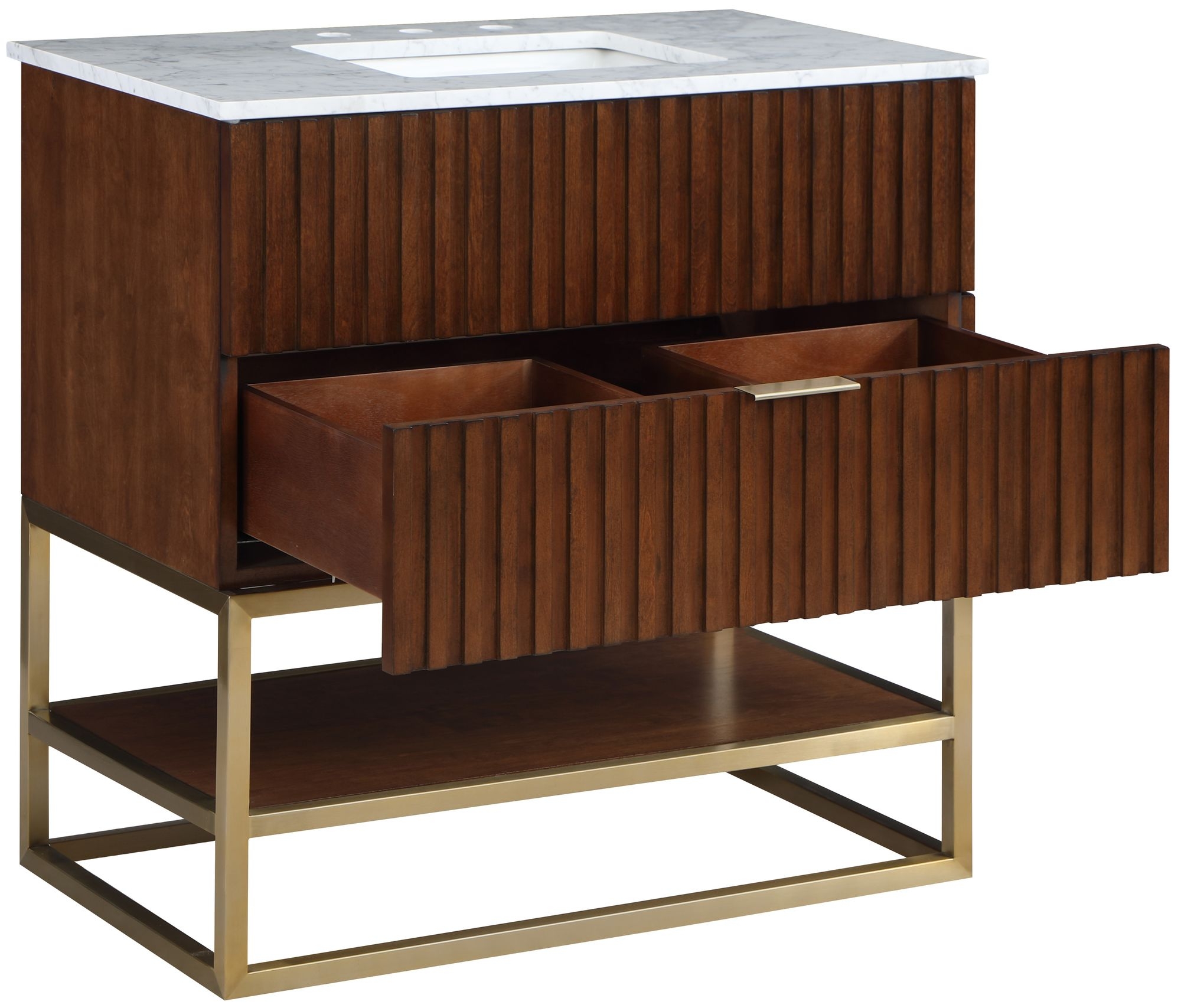 Monad 36" Marble & Wood Veneer Single Bathroom Vanity with Brushed Gold Base & Ceramic Sink